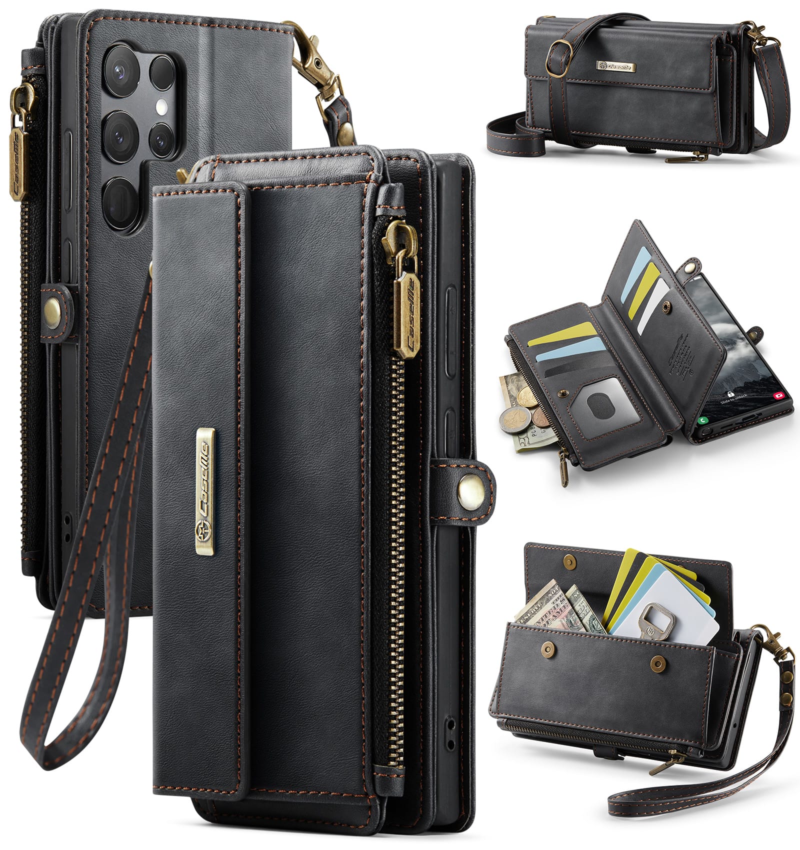 Samsung Galaxy S23 Ultra Crossbody Case with Strap, Card Slots & Zipper Pocket [Black]