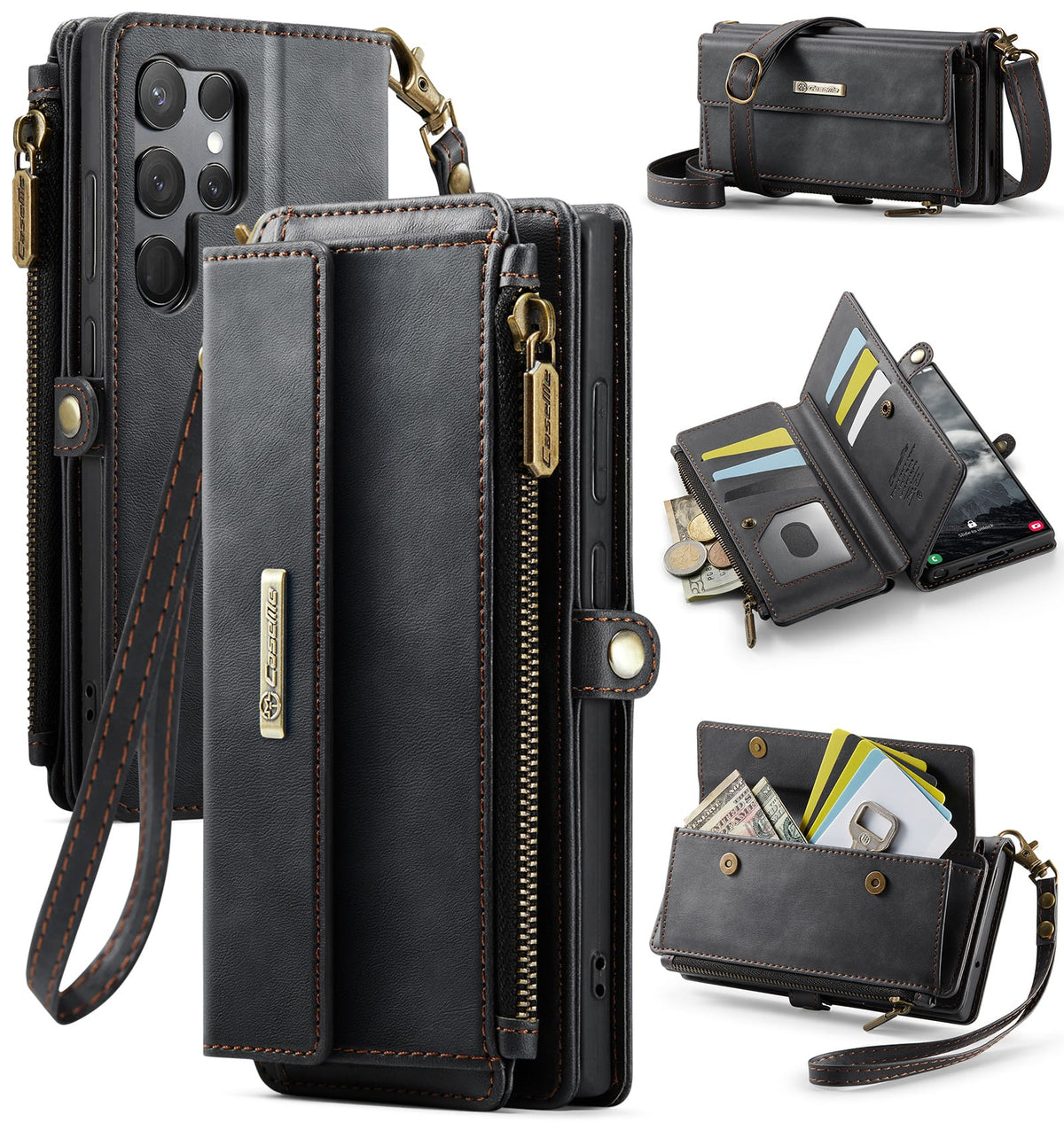 Samsung Galaxy S23 Ultra Crossbody Case with Strap, Card Slots & Zipper Pocket [Black]