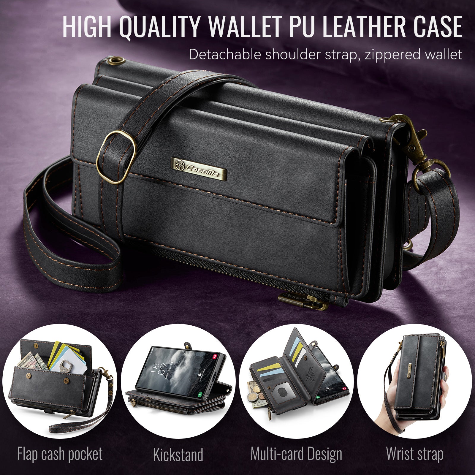 Samsung Galaxy S23 Ultra Crossbody Case with Strap, Card Slots & Zipper Pocket [Black]