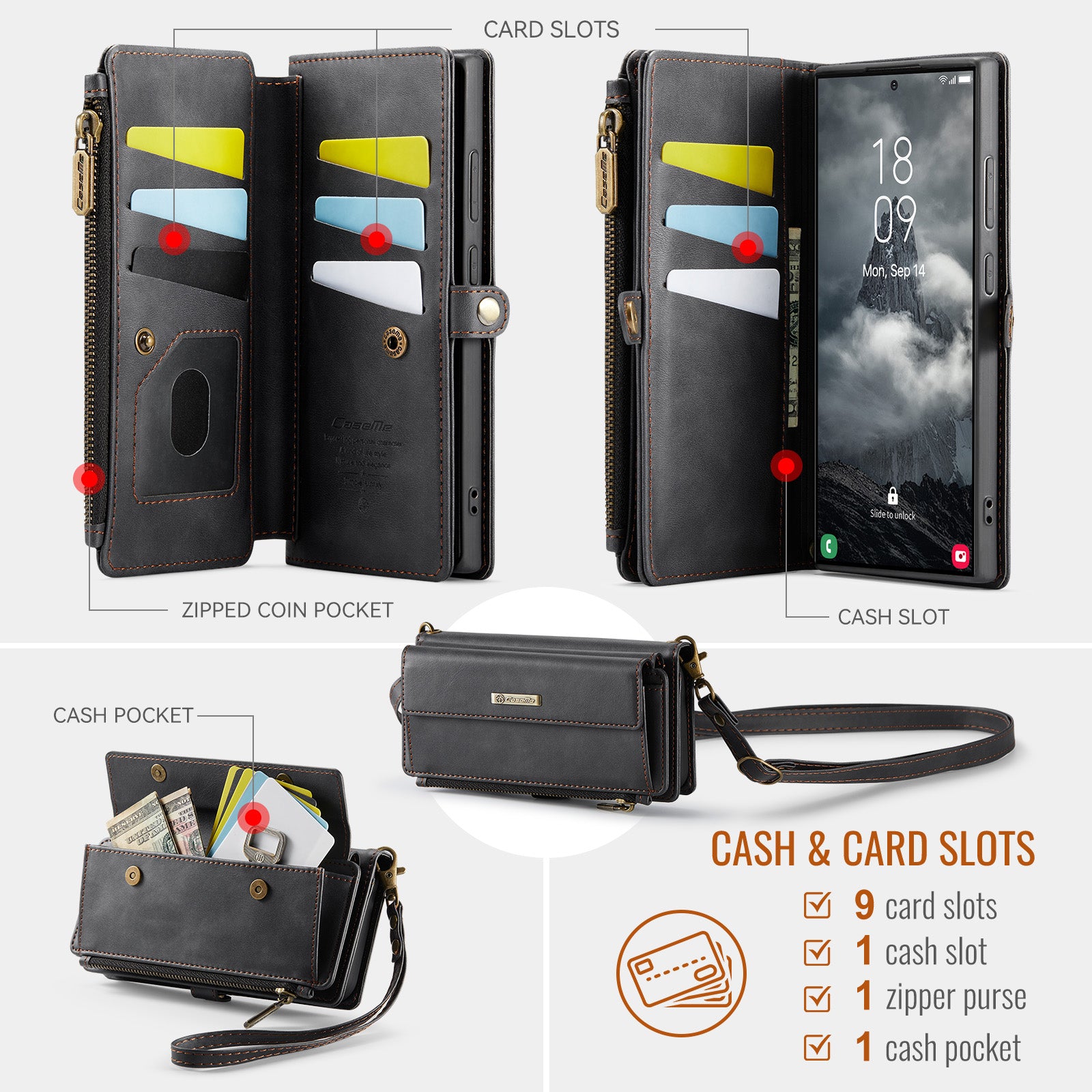 Samsung Galaxy S23 Ultra Crossbody Case with Strap, Card Slots & Zipper Pocket [Black]