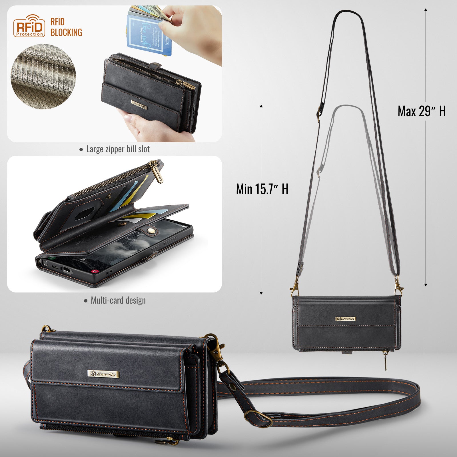 Samsung Galaxy S23 Ultra Crossbody Case with Strap, Card Slots & Zipper Pocket [Black]