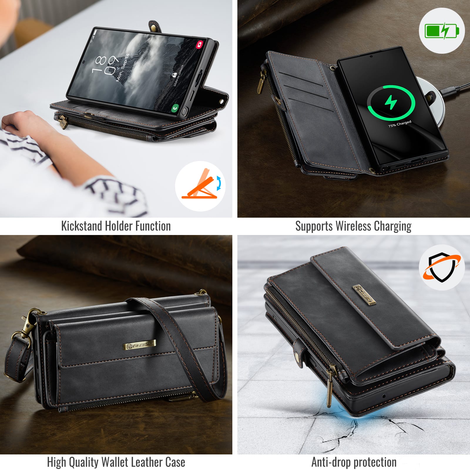 Samsung Galaxy S23 Ultra Crossbody Case with Strap, Card Slots & Zipper Pocket [Black]