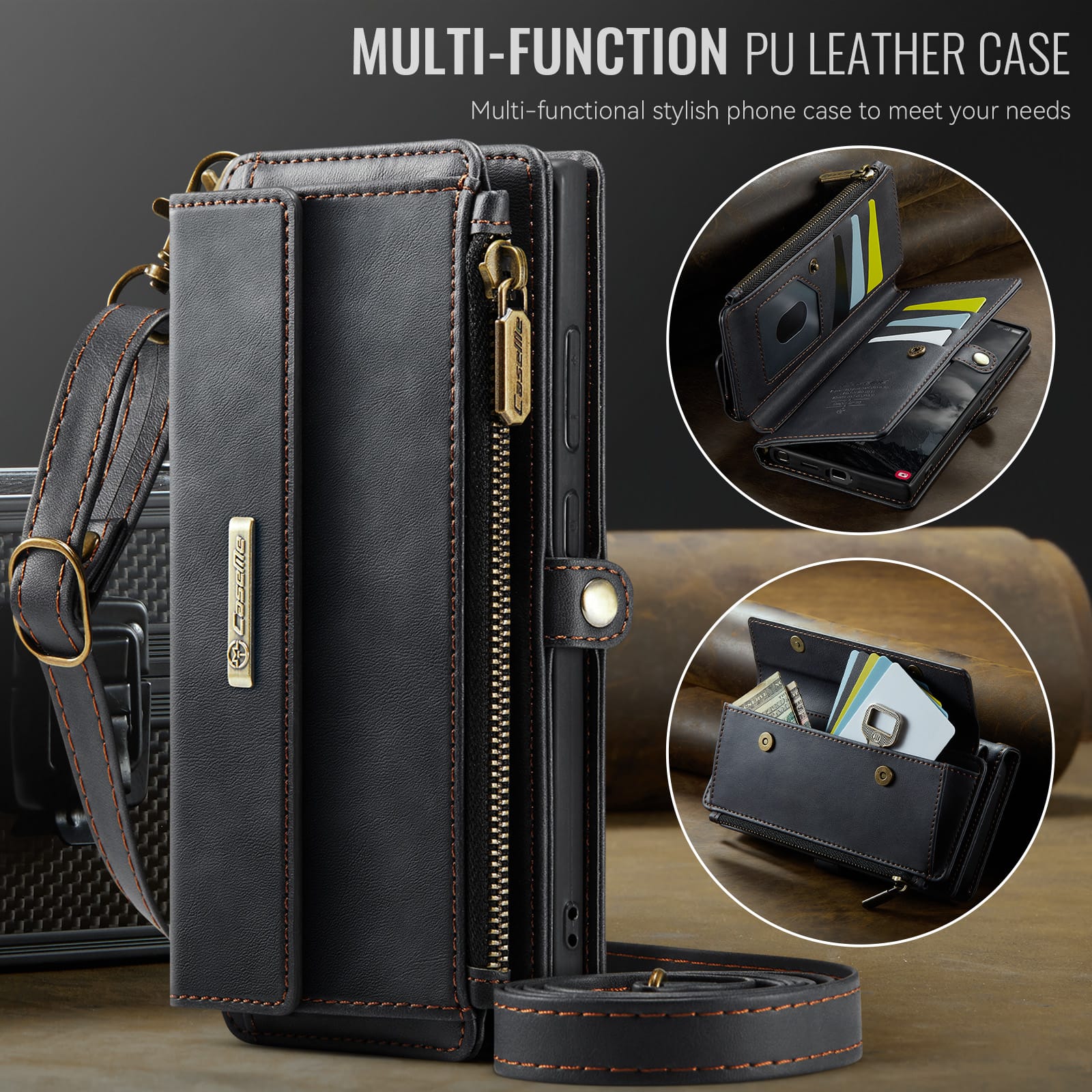 Samsung Galaxy S23 Ultra Crossbody Case with Strap, Card Slots & Zipper Pocket [Black]