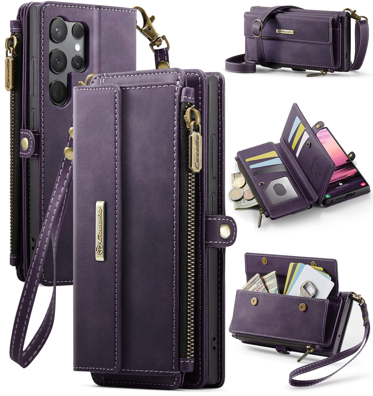 Samsung Galaxy S23 Ultra Crossbody Case with Strap, Card Slots & Zipper Pocket [Purple]
