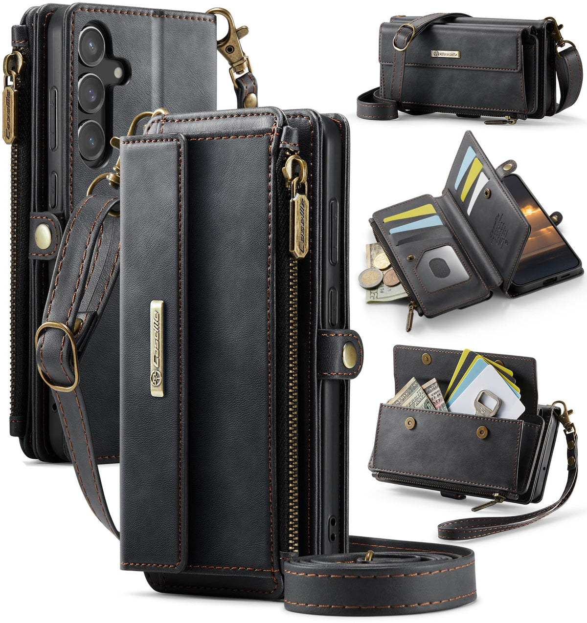 Samsung Galaxy S23 FE Crossbody Case with Strap, Card Slots & Zipper Pocket [Black]