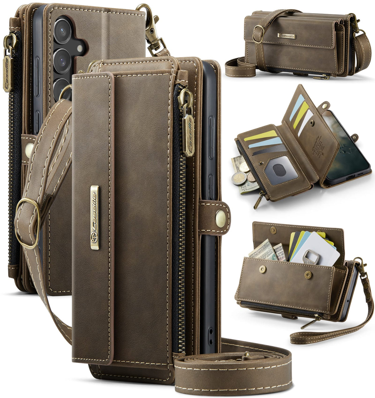 Samsung Galaxy S23 FE Crossbody Case with Strap, Card Slots & Zipper Pocket [Coffee]