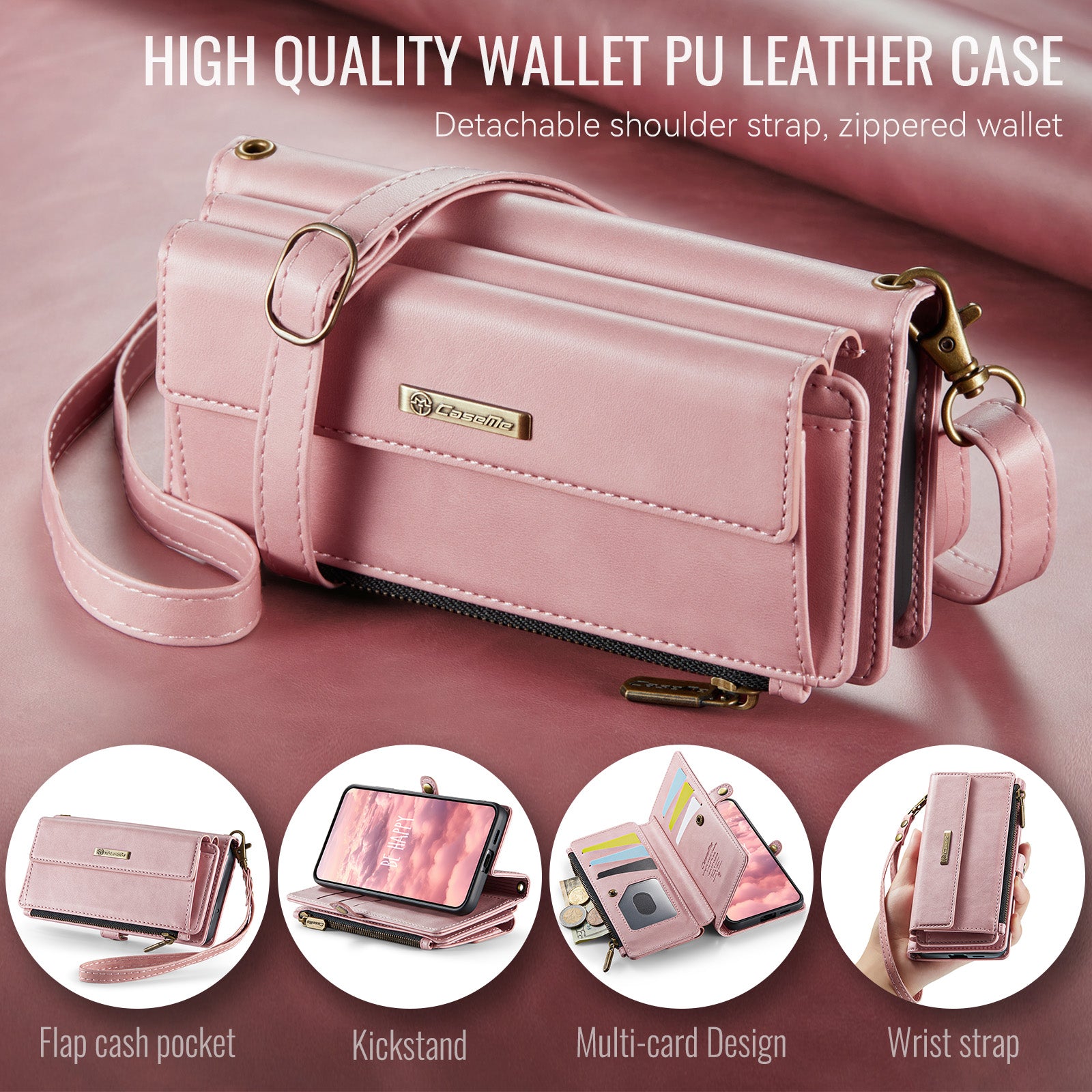 Samsung Galaxy S23 FE Crossbody Case with Strap, Card Slots & Zipper Pocket [Pink]
