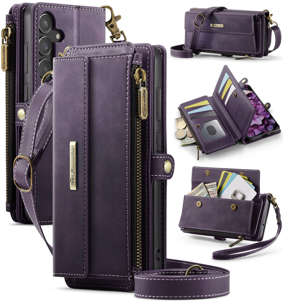 Samsung Galaxy S23 FE Crossbody Case with Strap, Card Slots & Zipper Pocket [Purple]