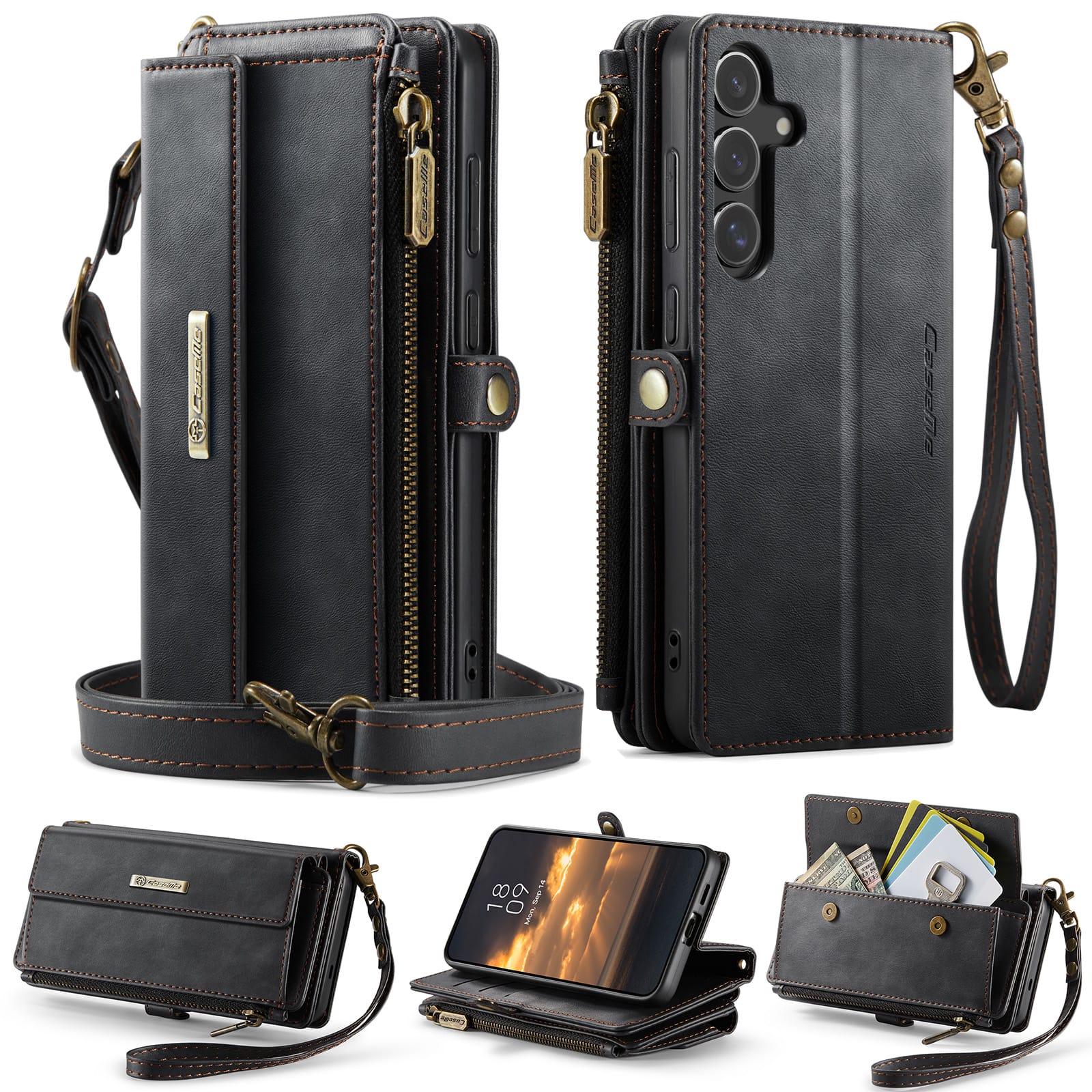Samsung Galaxy S26 Crossbody Case with Strap, Card Slots & Zipper Pocket [Black]