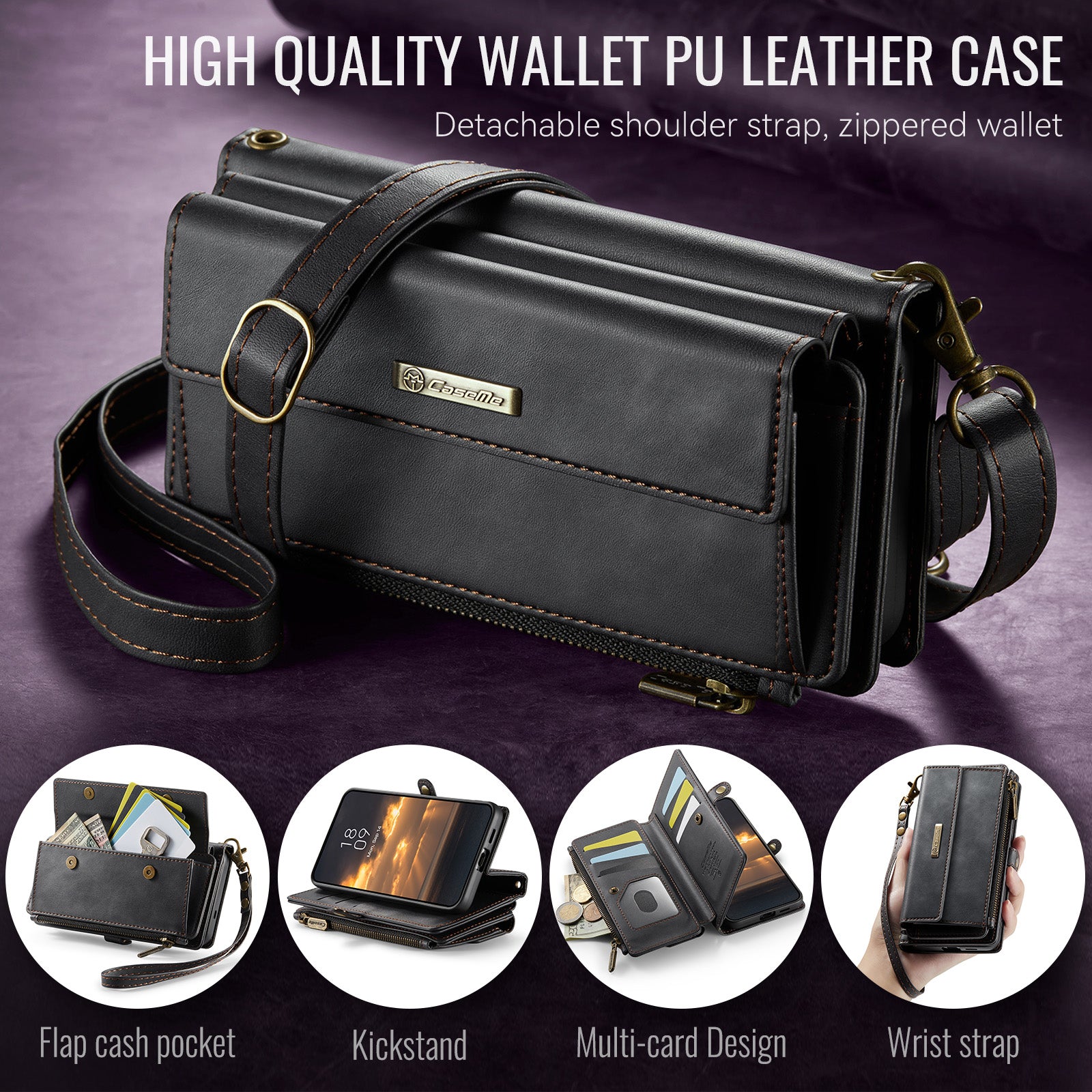 Samsung Galaxy S24 FE Crossbody Case with Strap, Card Slots & Zipper Pocket [Black]