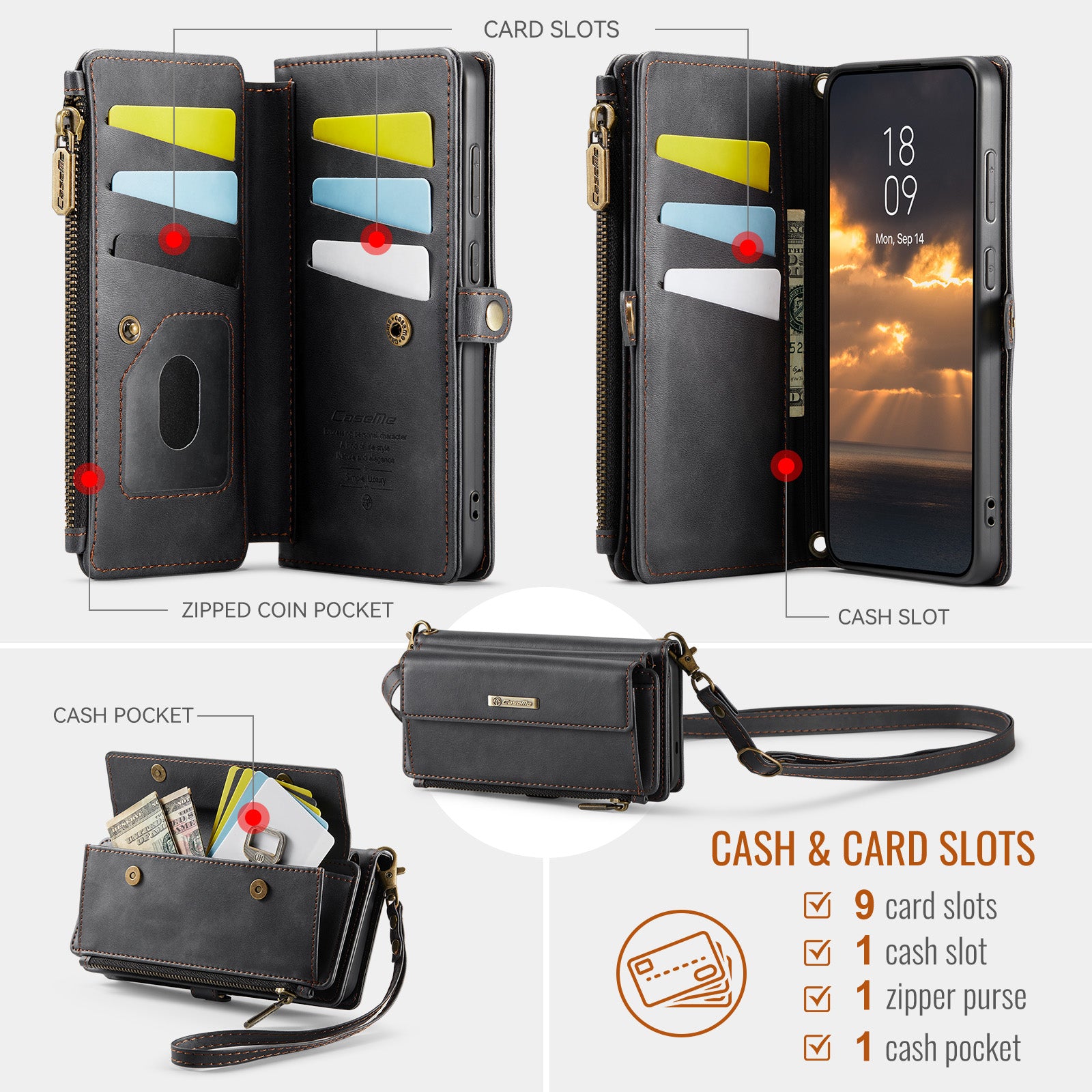 Samsung Galaxy S24 Plus / S25 Plus Crossbody Case with Strap, Card Slots & Zipper Pocket [Black]