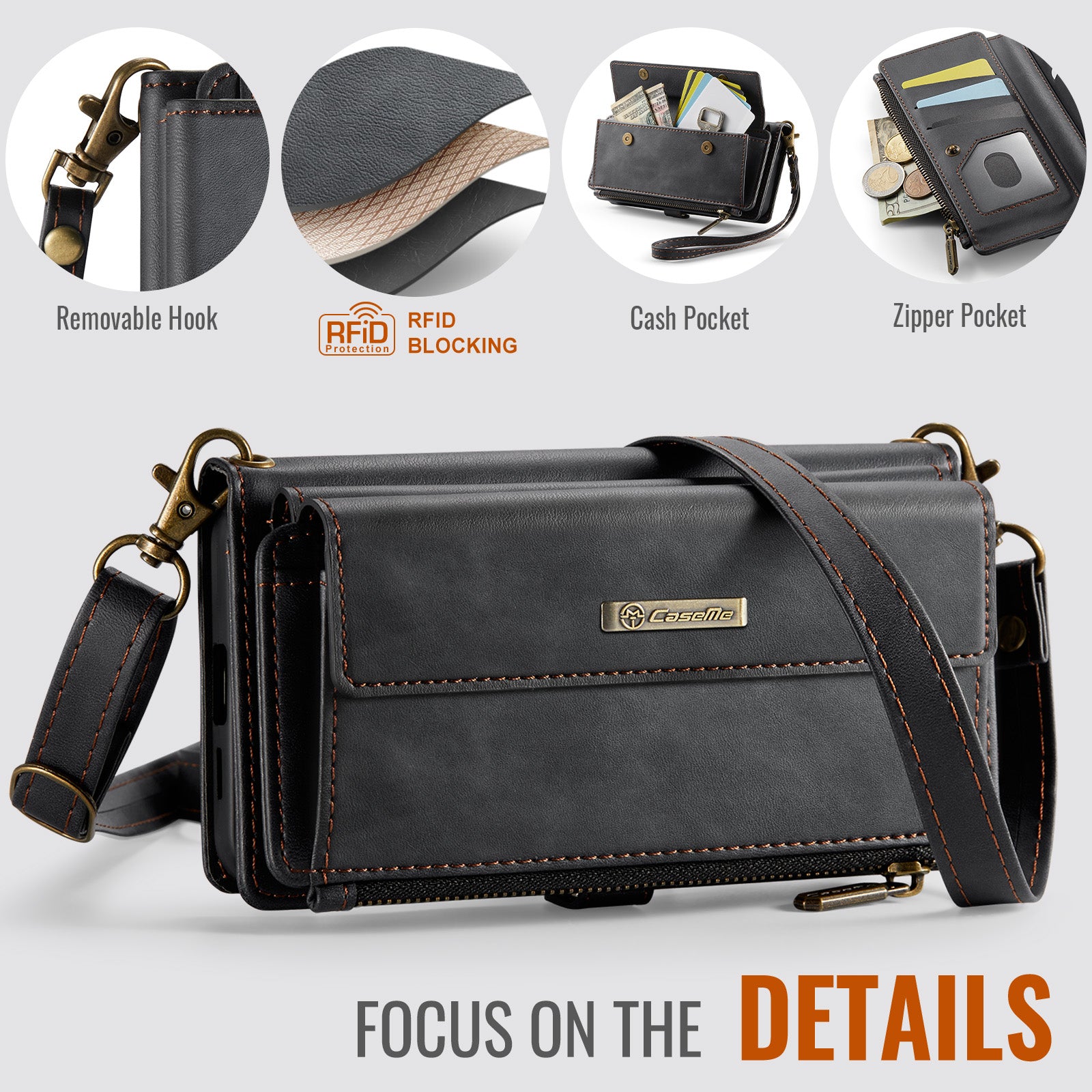 Samsung Galaxy S24 Crossbody Case with Strap, Card Slots & Zipper Pocket [Black]