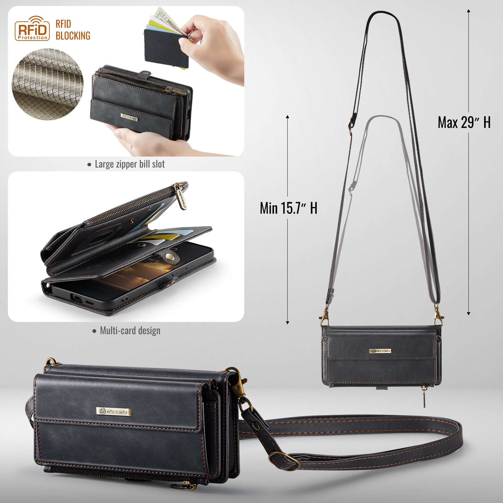 Samsung Galaxy S24 FE Crossbody Case with Strap, Card Slots & Zipper Pocket [Black]