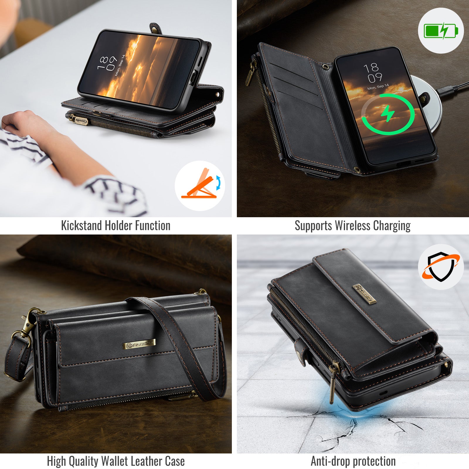Samsung Galaxy S24 FE Crossbody Case with Strap, Card Slots & Zipper Pocket [Black]