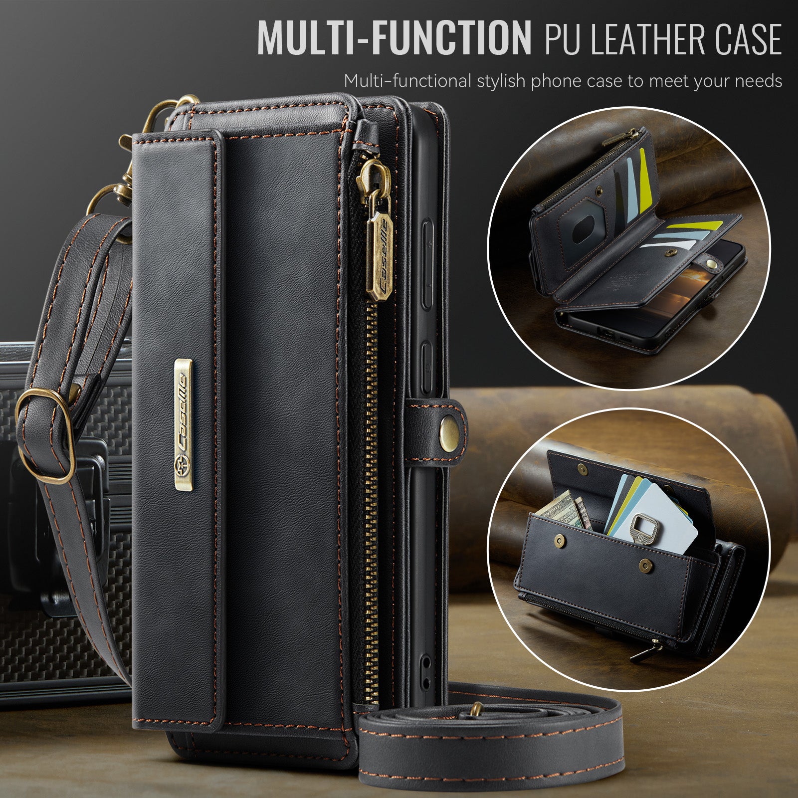 Samsung Galaxy S26 Plus Crossbody Case with Strap, Card Slots & Zipper Pocket [Black]