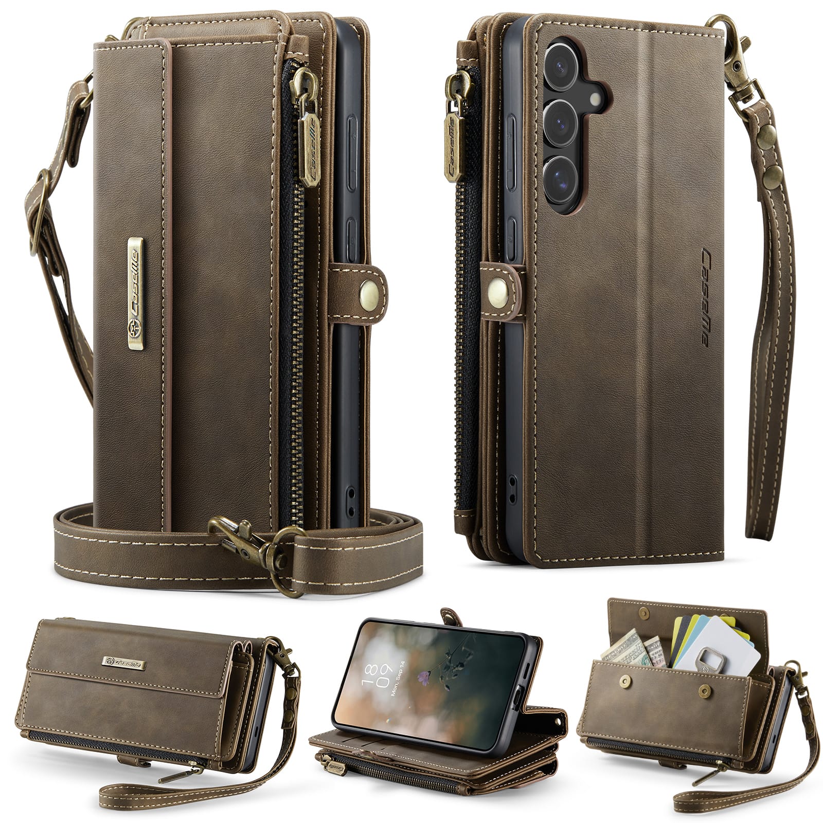 Samsung Galaxy S26 Crossbody Case with Strap, Card Slots & Zipper Pocket [Coffee]