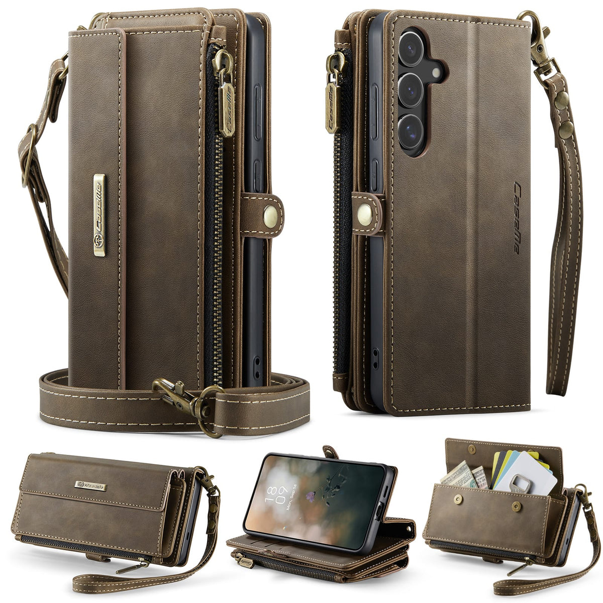 Samsung Galaxy S24 / S25 Crossbody Case with Strap, Card Slots & Zipper Pocket [Coffee]
