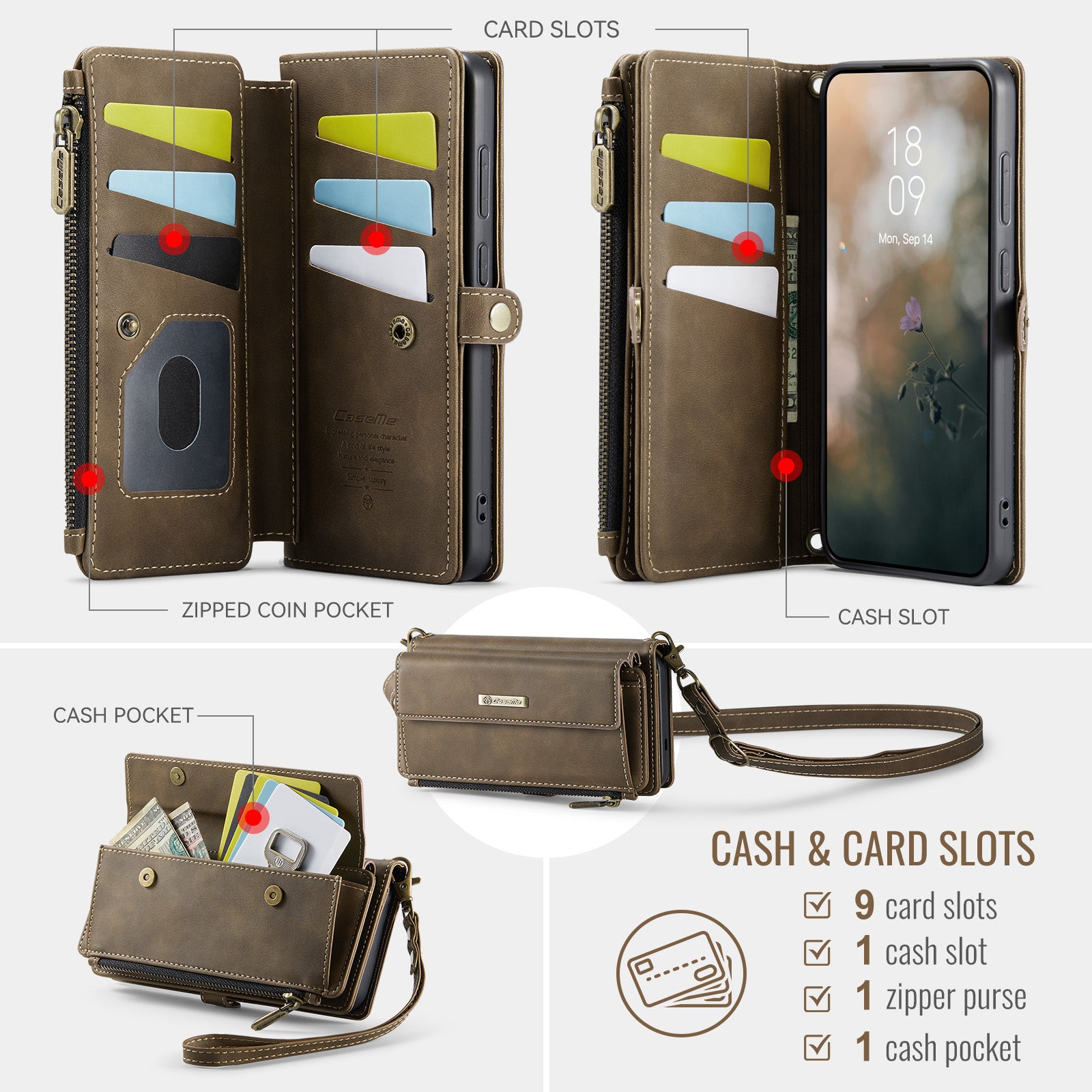 Samsung Galaxy S26 Plus Crossbody Case with Strap, Card Slots & Zipper Pocket [Coffee]
