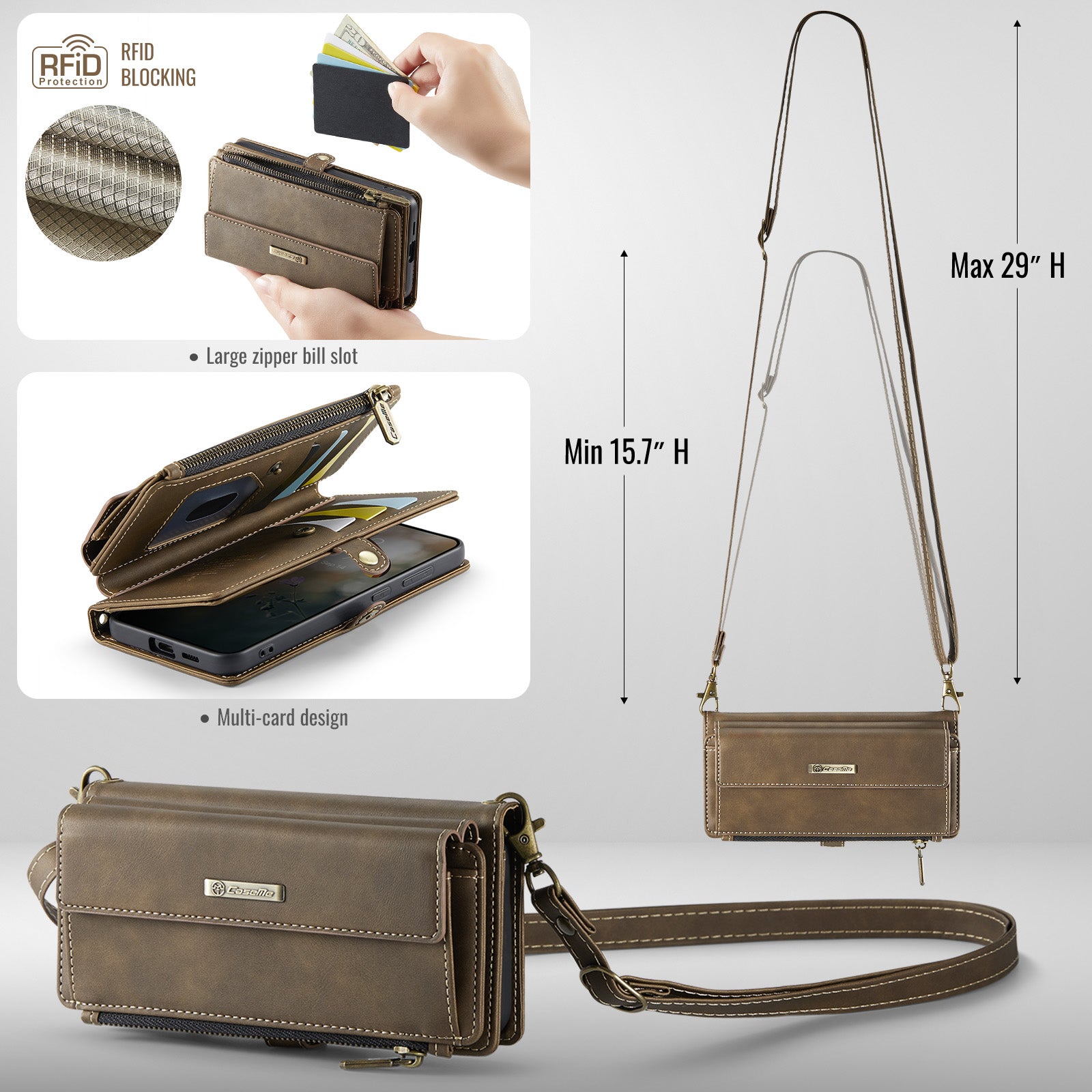Samsung Galaxy S24 Crossbody Case with Strap, Card Slots & Zipper Pocket [Coffee]