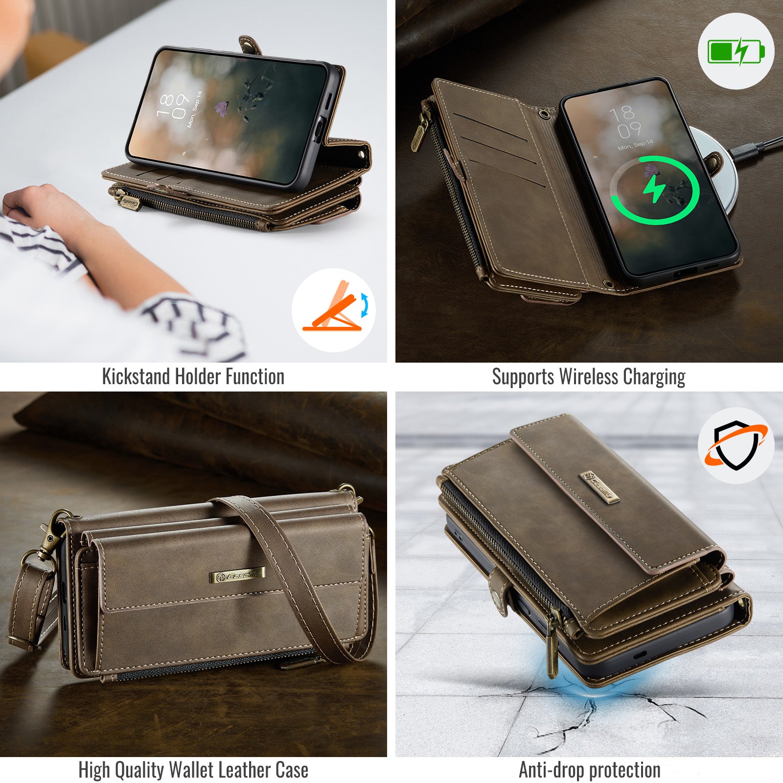 Samsung Galaxy S24 Crossbody Case with Strap, Card Slots & Zipper Pocket [Coffee]