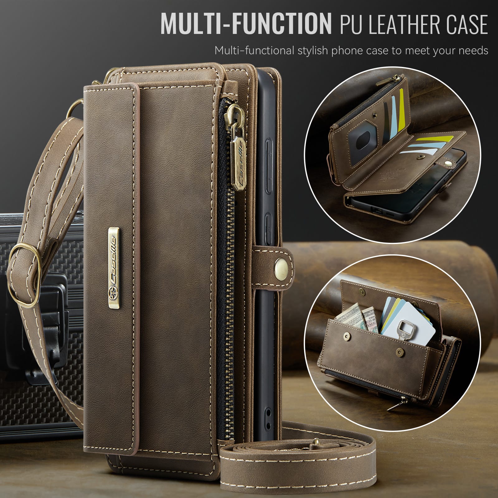 Samsung Galaxy S24 Crossbody Case with Strap, Card Slots & Zipper Pocket [Coffee]