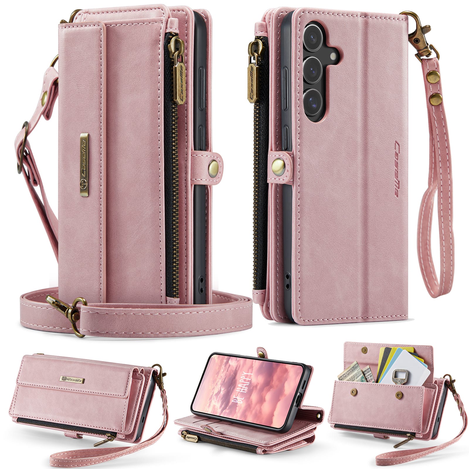 Samsung Galaxy S26 Crossbody Case with Strap, Card Slots & Zipper Pocket [Pink]