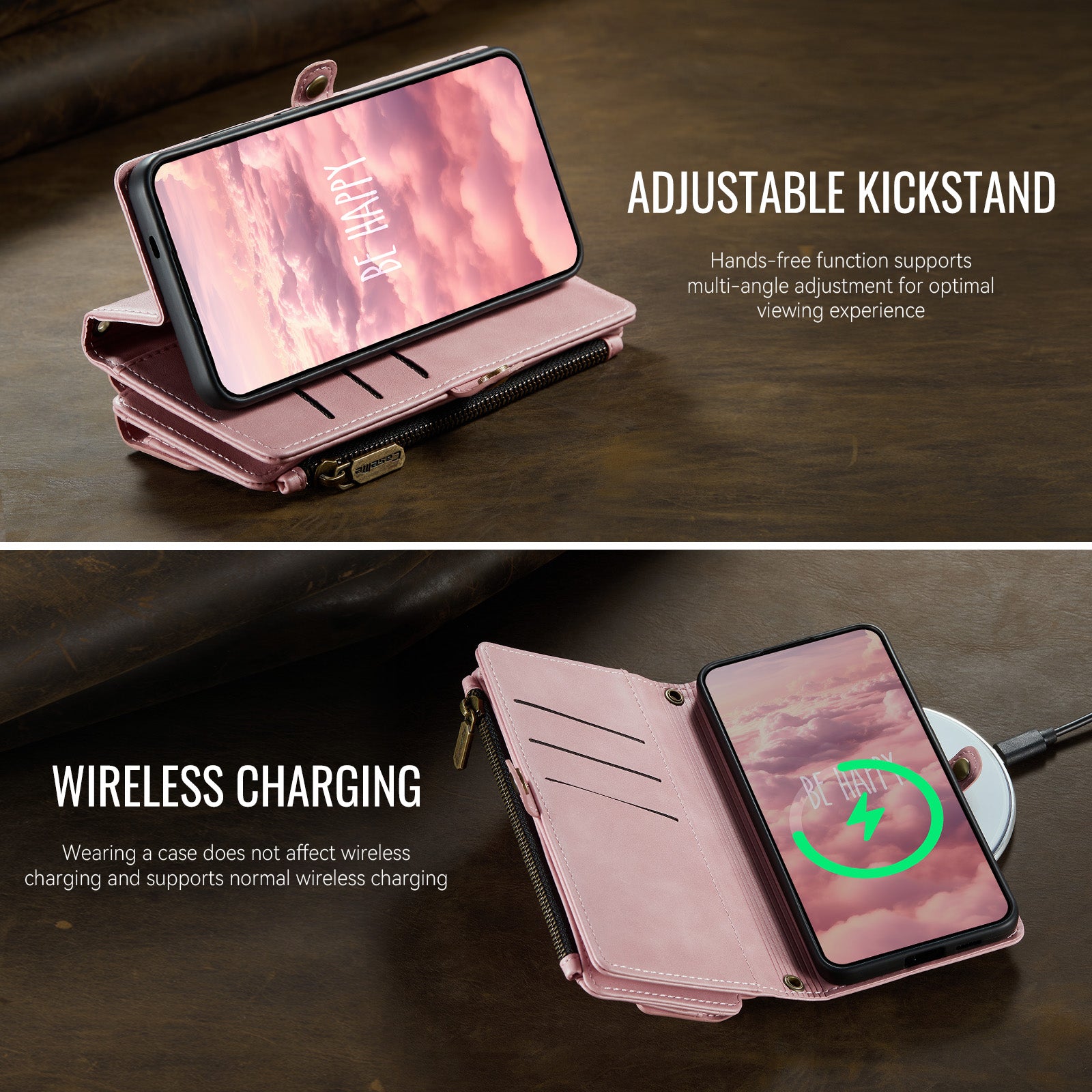 Samsung Galaxy S24 Crossbody Case with Strap, Card Slots & Zipper Pocket [Pink]