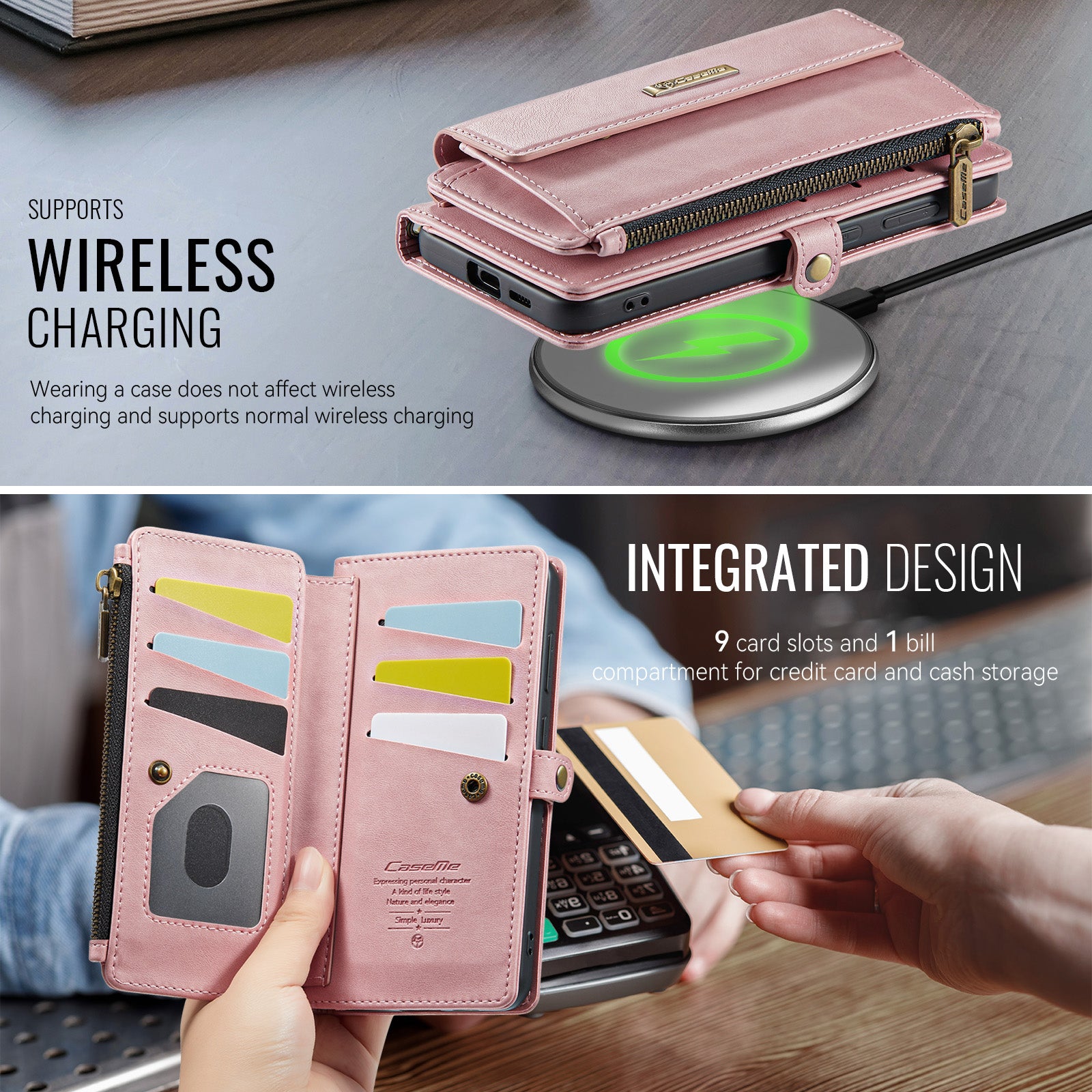Samsung Galaxy S24 Crossbody Case with Strap, Card Slots & Zipper Pocket [Pink]