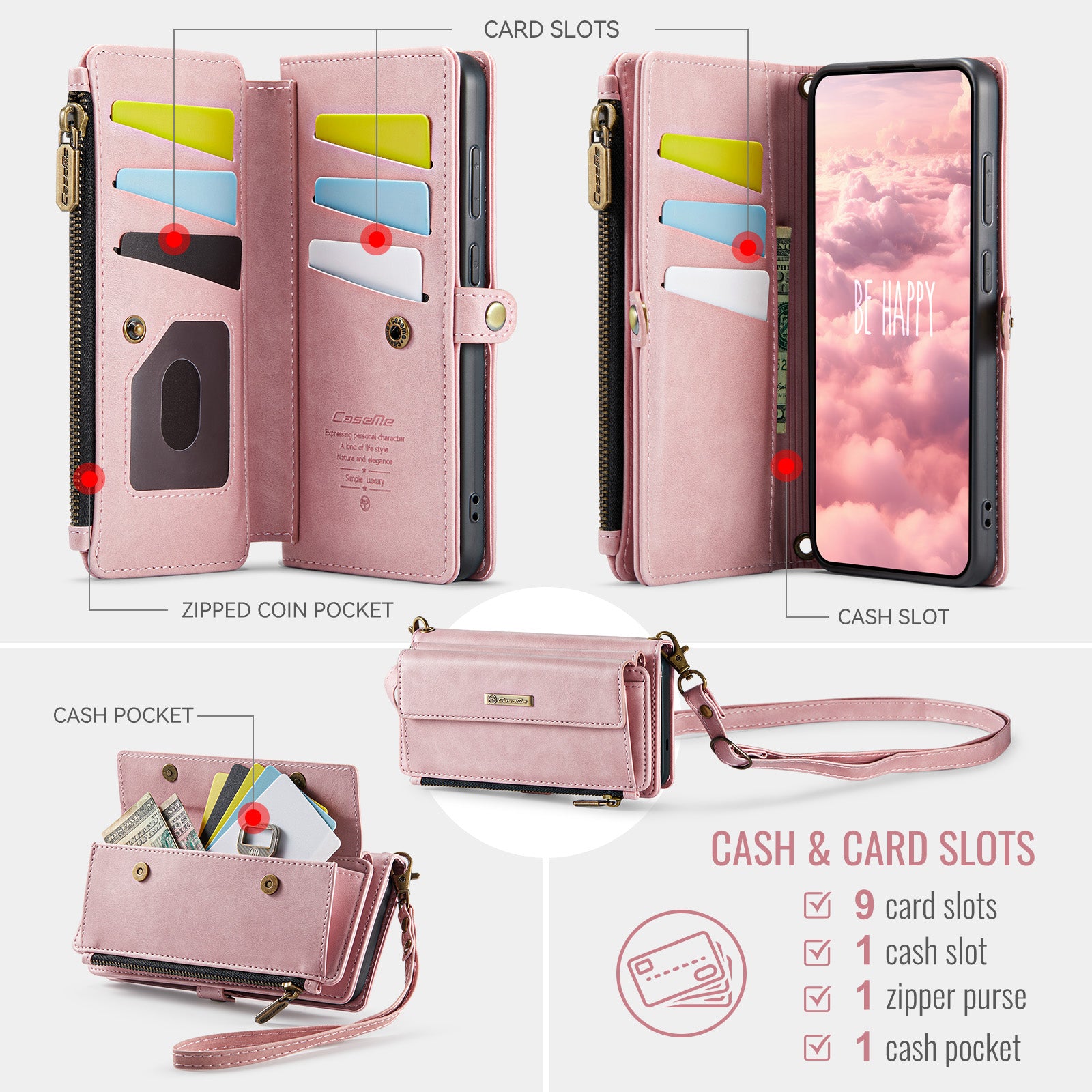 Samsung Galaxy S24 Crossbody Case with Strap, Card Slots & Zipper Pocket [Pink]