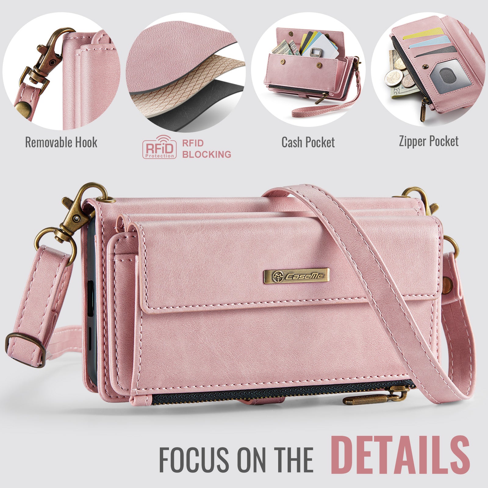 Samsung Galaxy S24 Crossbody Case with Strap, Card Slots & Zipper Pocket [Pink]