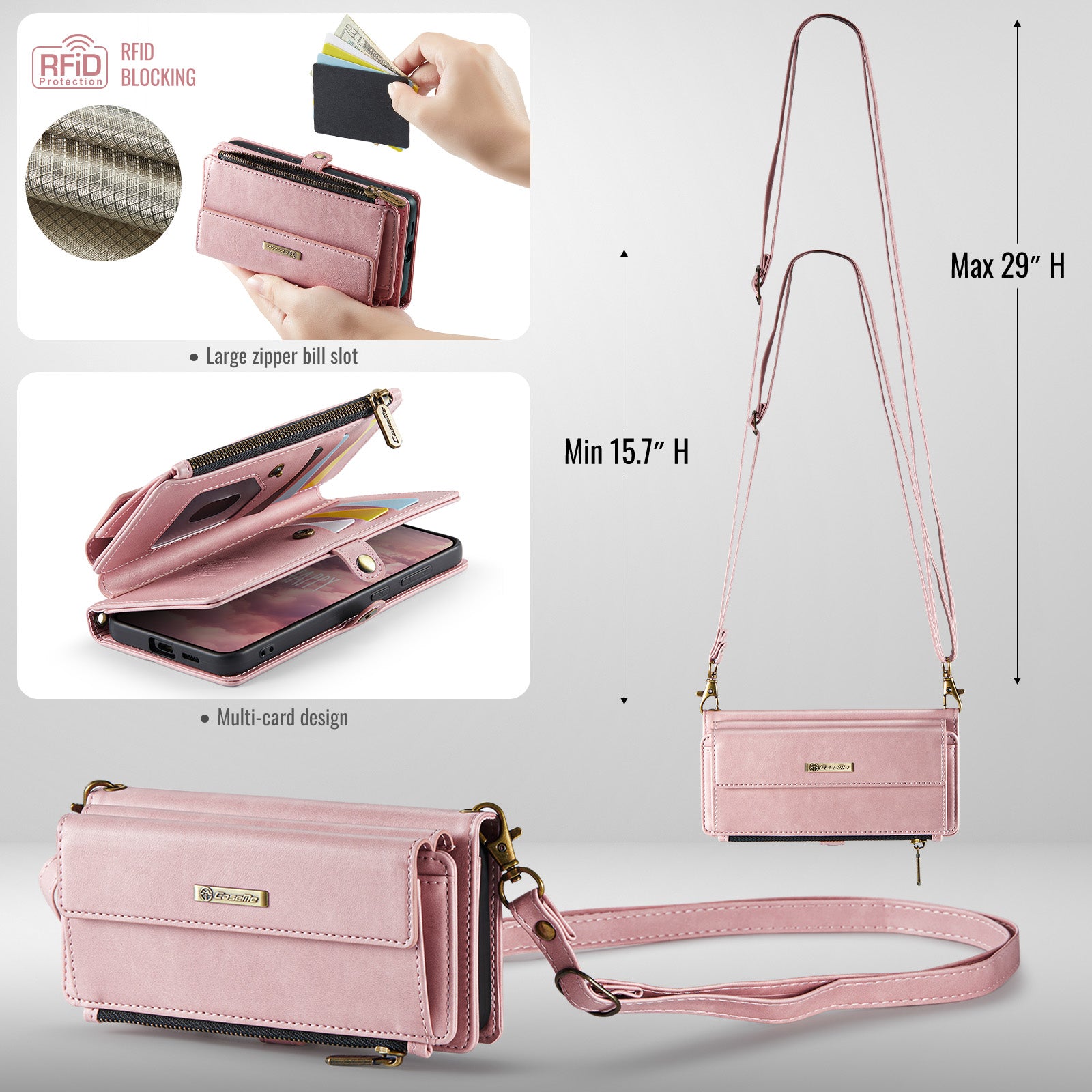 Samsung Galaxy S24 Crossbody Case with Strap, Card Slots & Zipper Pocket [Pink]