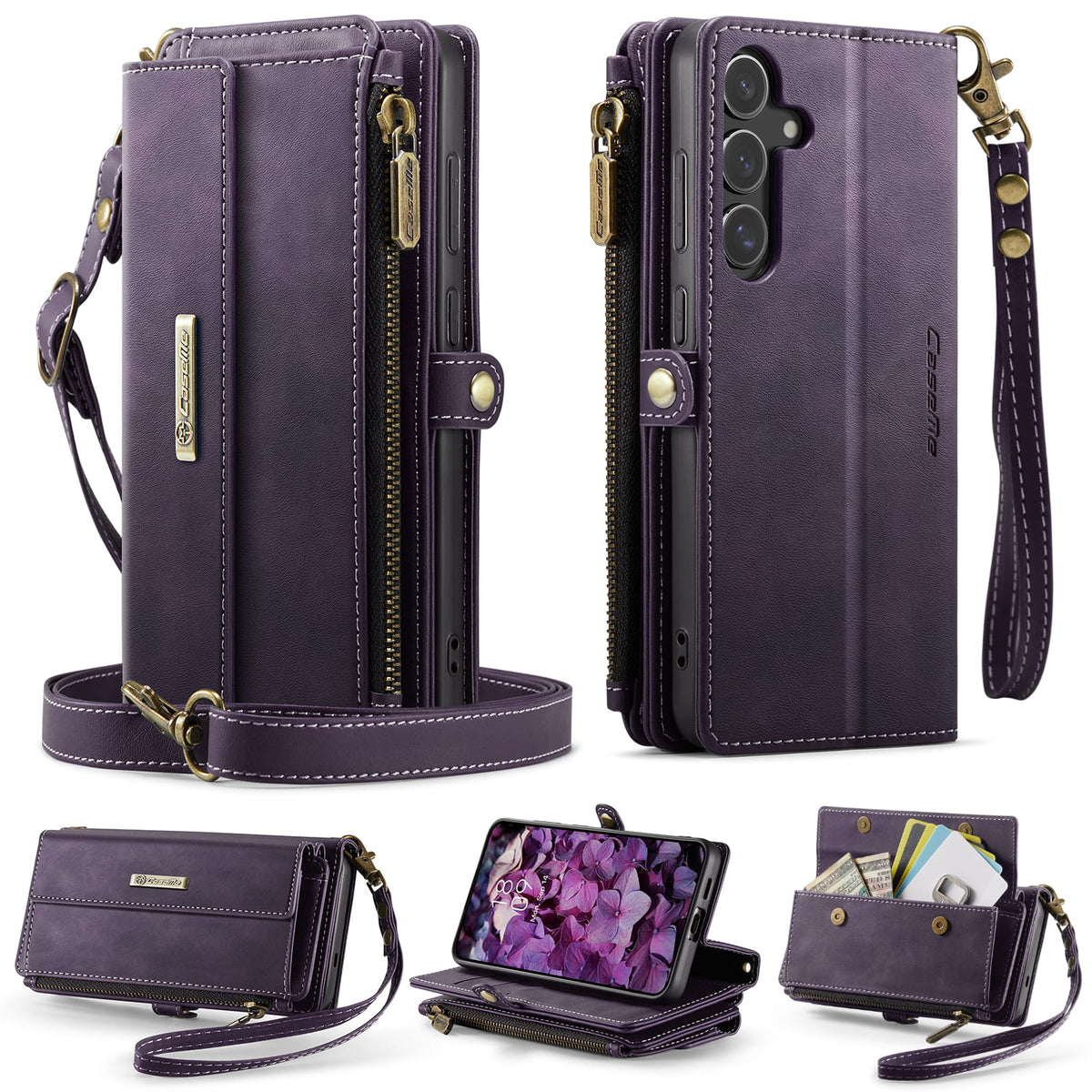 Samsung Galaxy S26 Crossbody Case with Strap, Card Slots & Zipper Pocket [Purple]