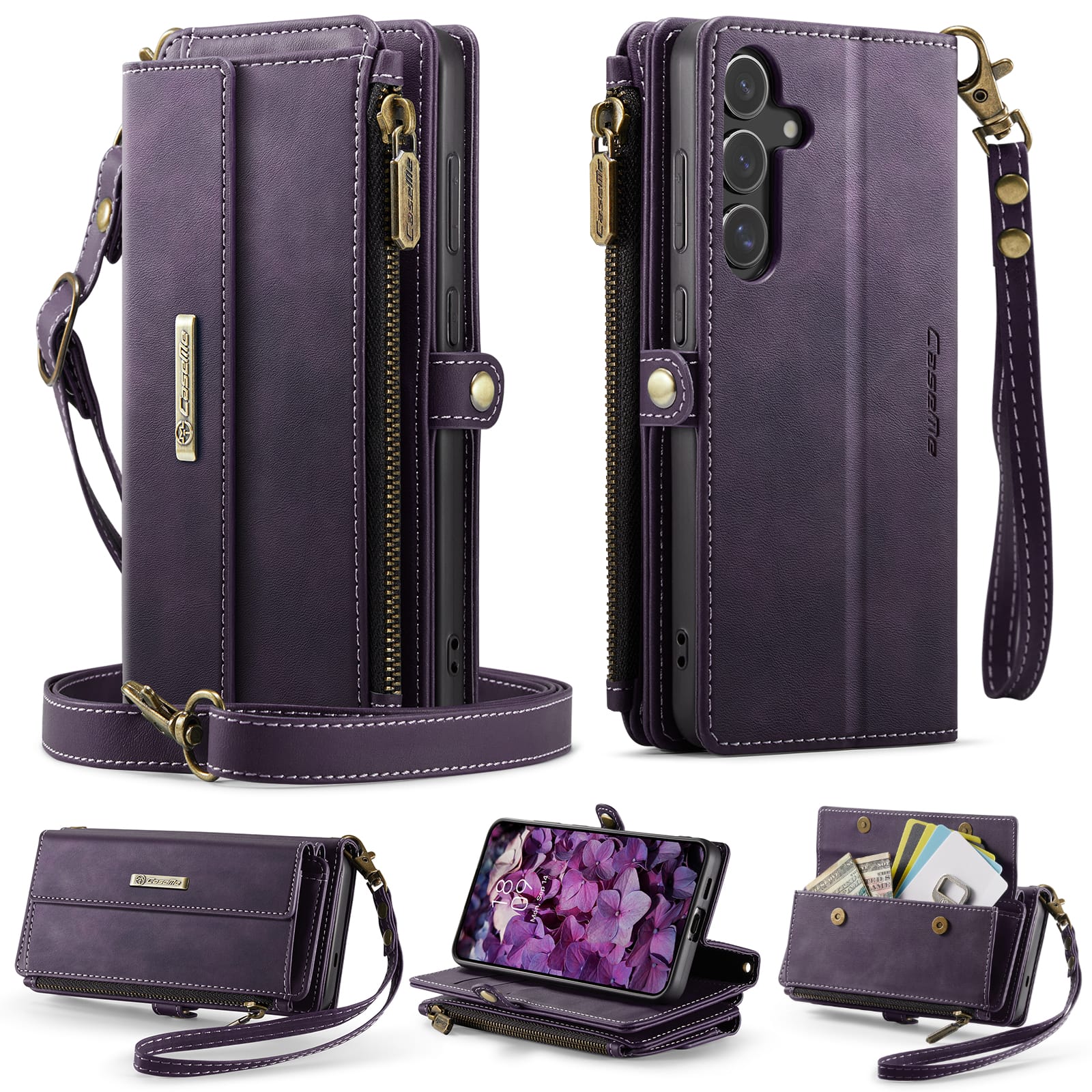 Samsung Galaxy S24 Plus Crossbody Case with Strap, Card Slots & Zipper Pocket [Purple]