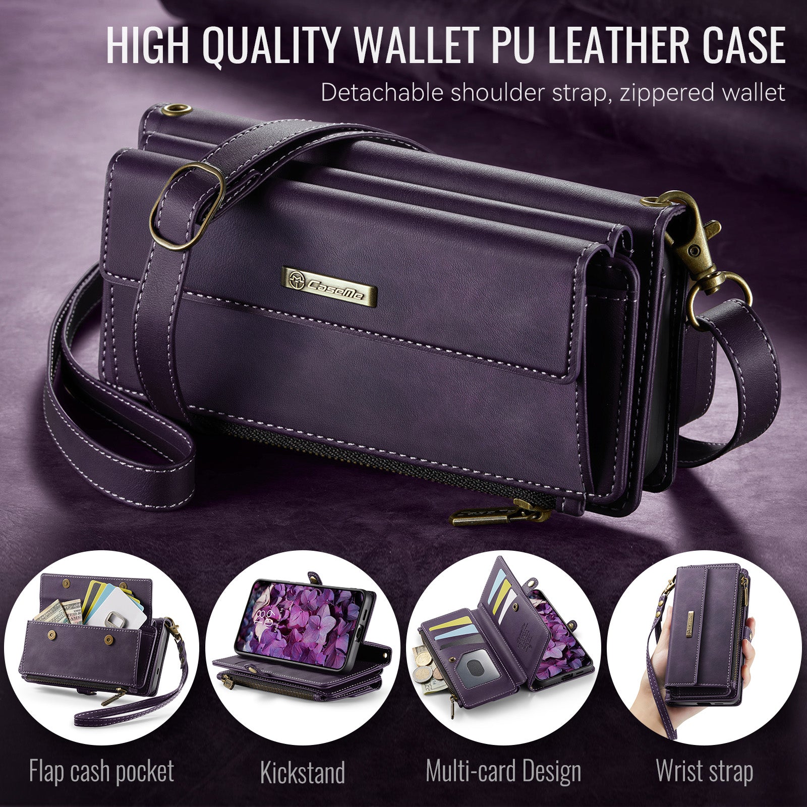 Samsung Galaxy S24 Crossbody Case with Strap, Card Slots & Zipper Pocket [Purple]