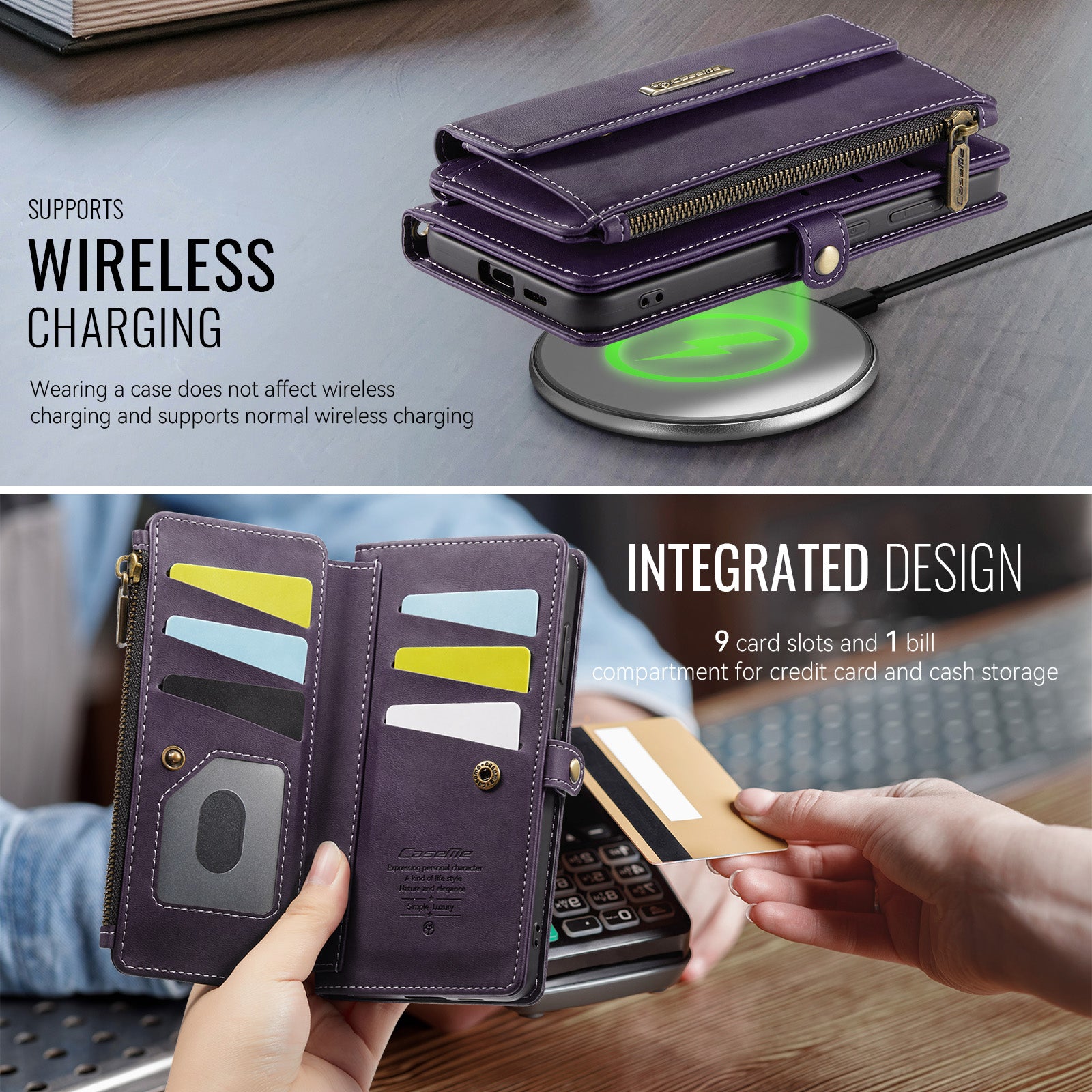 Samsung Galaxy S24 FE Crossbody Case with Strap, Card Slots & Zipper Pocket [Purple]
