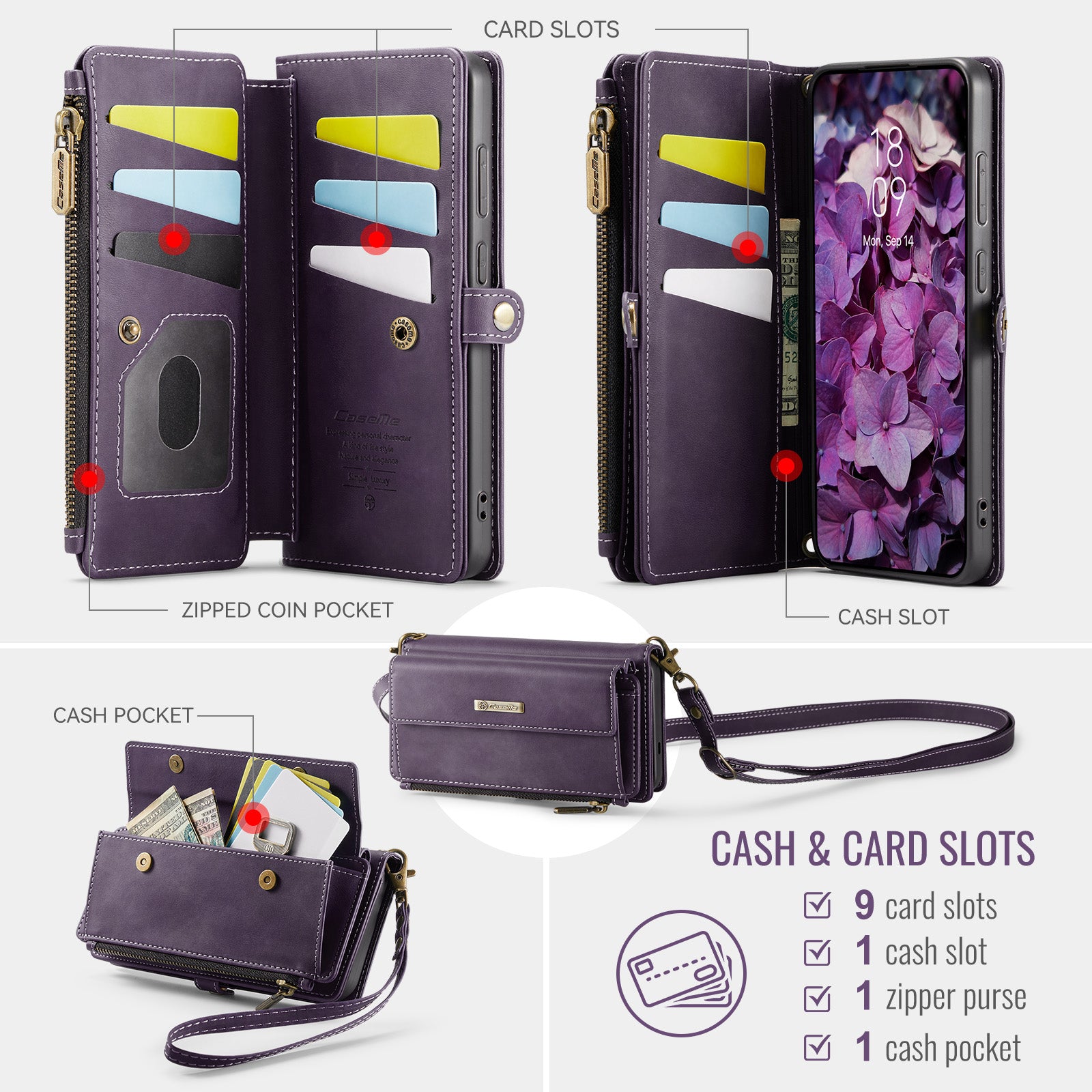 Samsung Galaxy S26 Crossbody Case with Strap, Card Slots & Zipper Pocket [Purple]