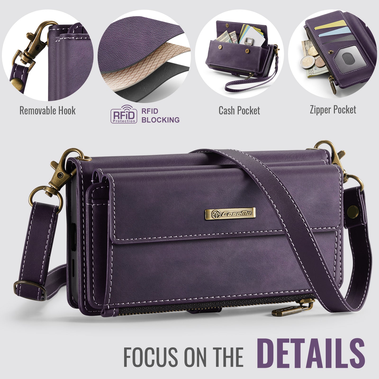 Samsung Galaxy S24 Crossbody Case with Strap, Card Slots & Zipper Pocket [Purple]
