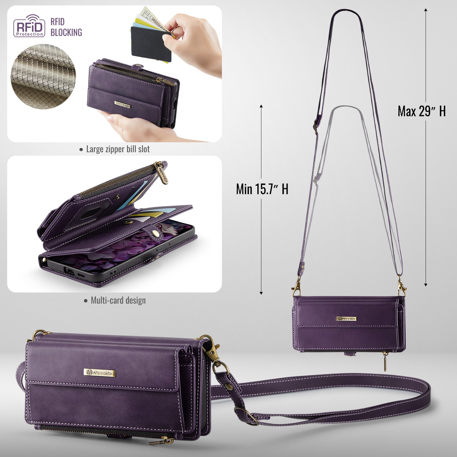 Samsung Galaxy S24 Crossbody Case with Strap, Card Slots & Zipper Pocket [Purple]