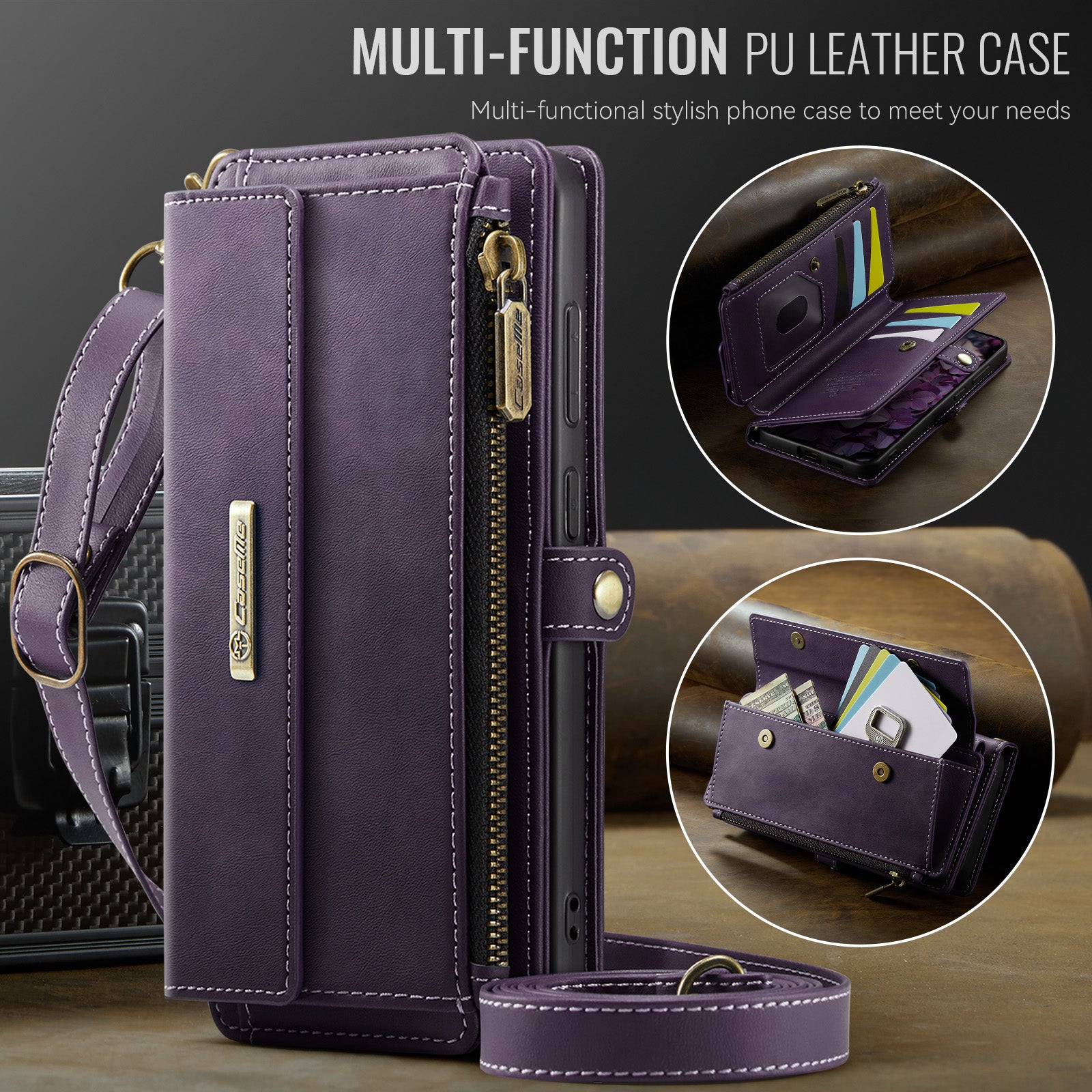 Samsung Galaxy S24 Crossbody Case with Strap, Card Slots & Zipper Pocket [Purple]