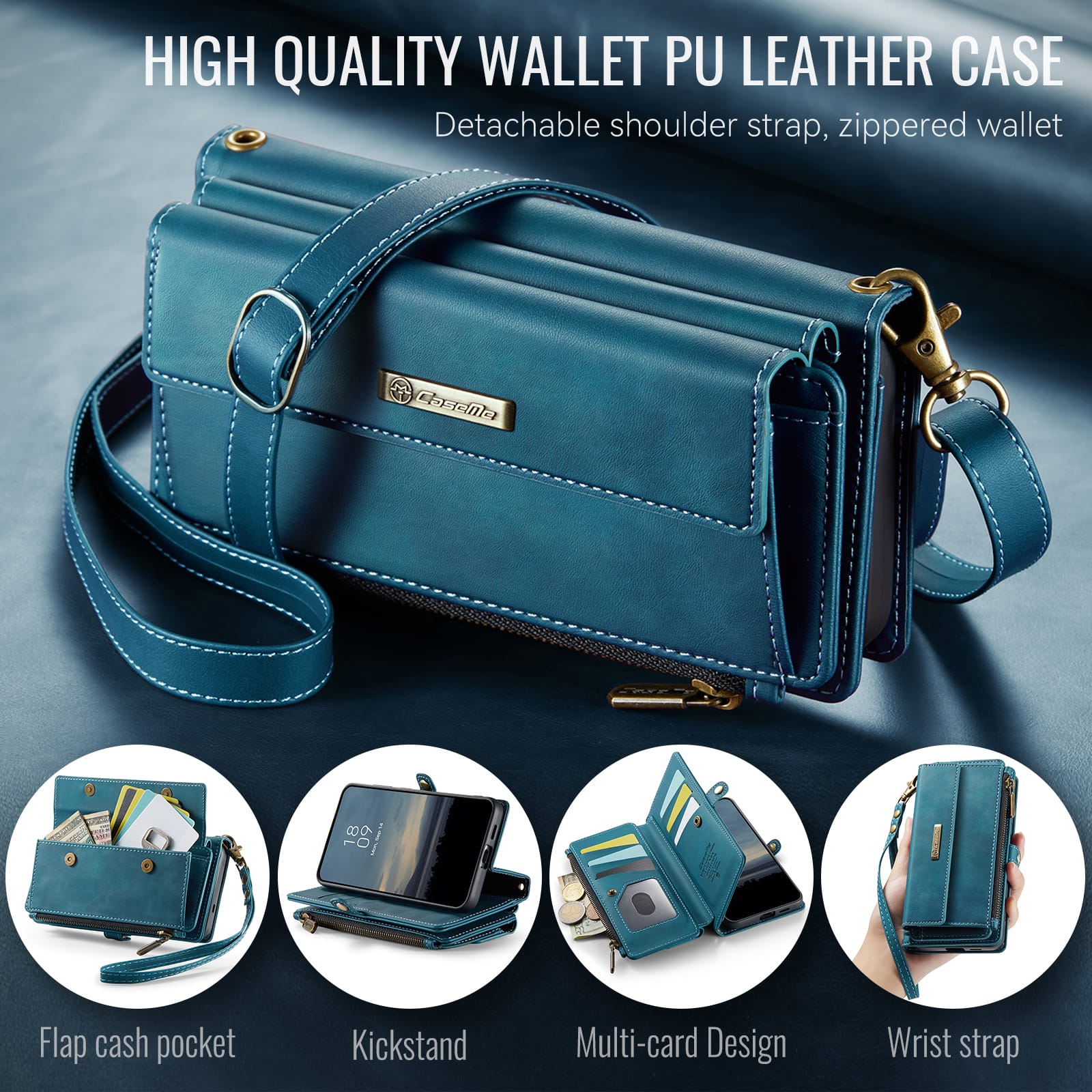 Samsung Galaxy S24 Crossbody Case with Strap, Card Slots & Zipper Pocket [Teal]