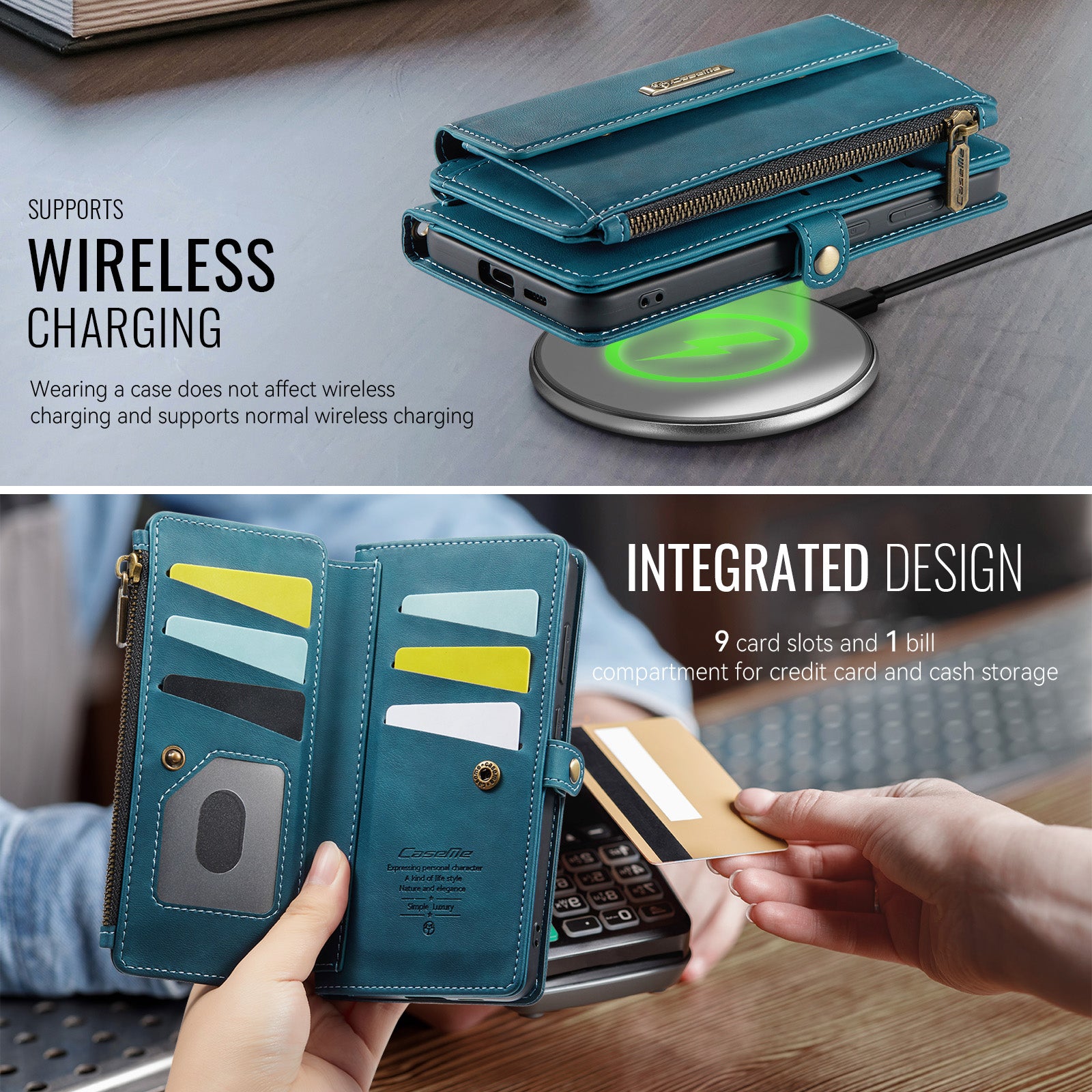 Samsung Galaxy S24 Crossbody Case with Strap, Card Slots & Zipper Pocket [Teal]