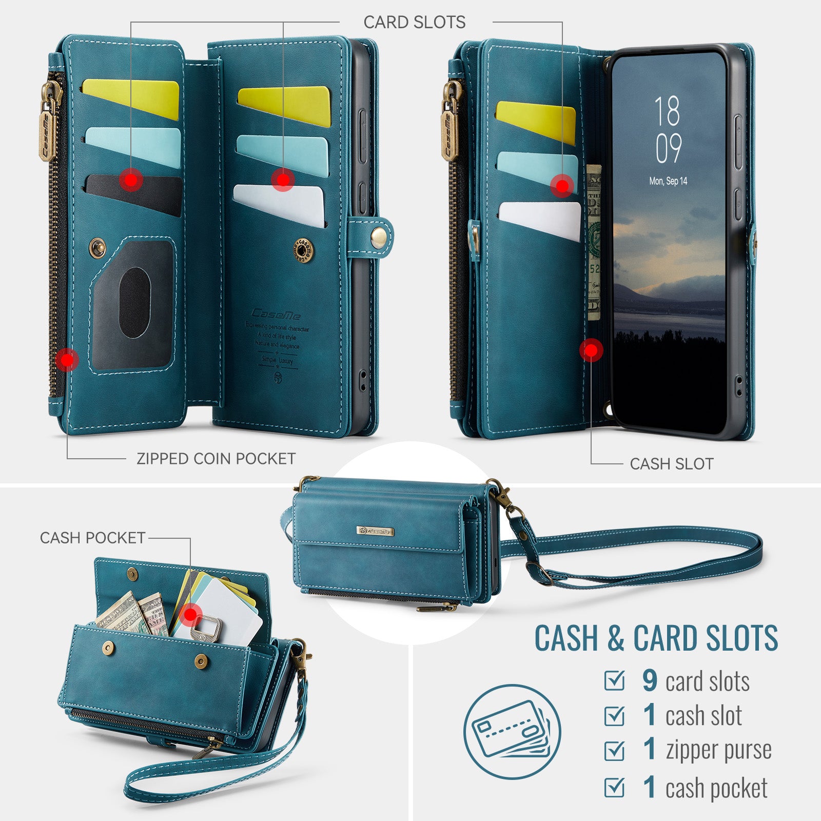 Samsung Galaxy S24 Crossbody Case with Strap, Card Slots & Zipper Pocket [Teal]