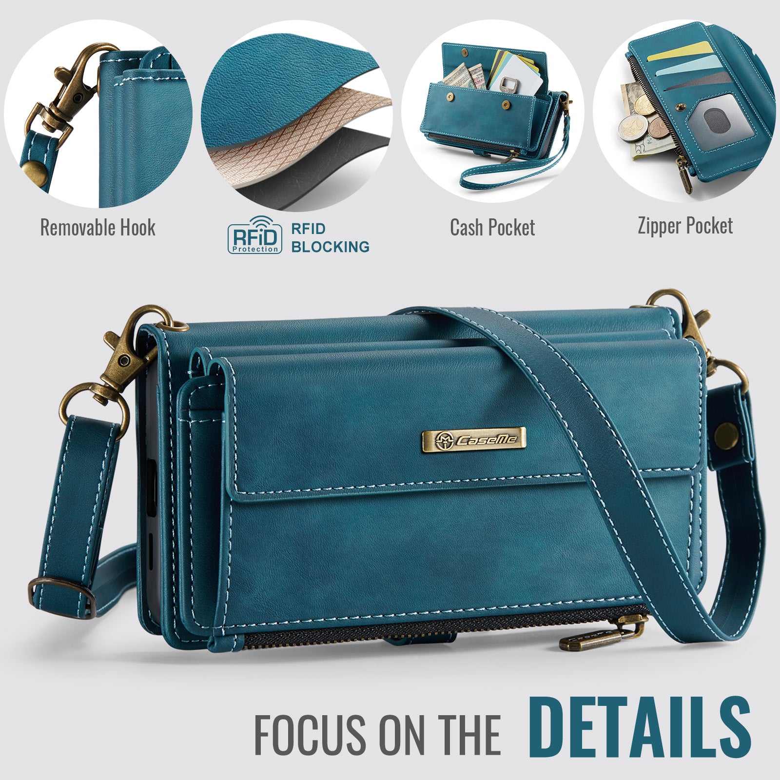 Samsung Galaxy S24 Crossbody Case with Strap, Card Slots & Zipper Pocket [Teal]
