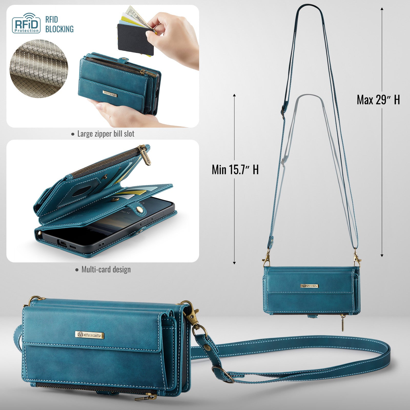 Samsung Galaxy S24 Crossbody Case with Strap, Card Slots & Zipper Pocket [Teal]