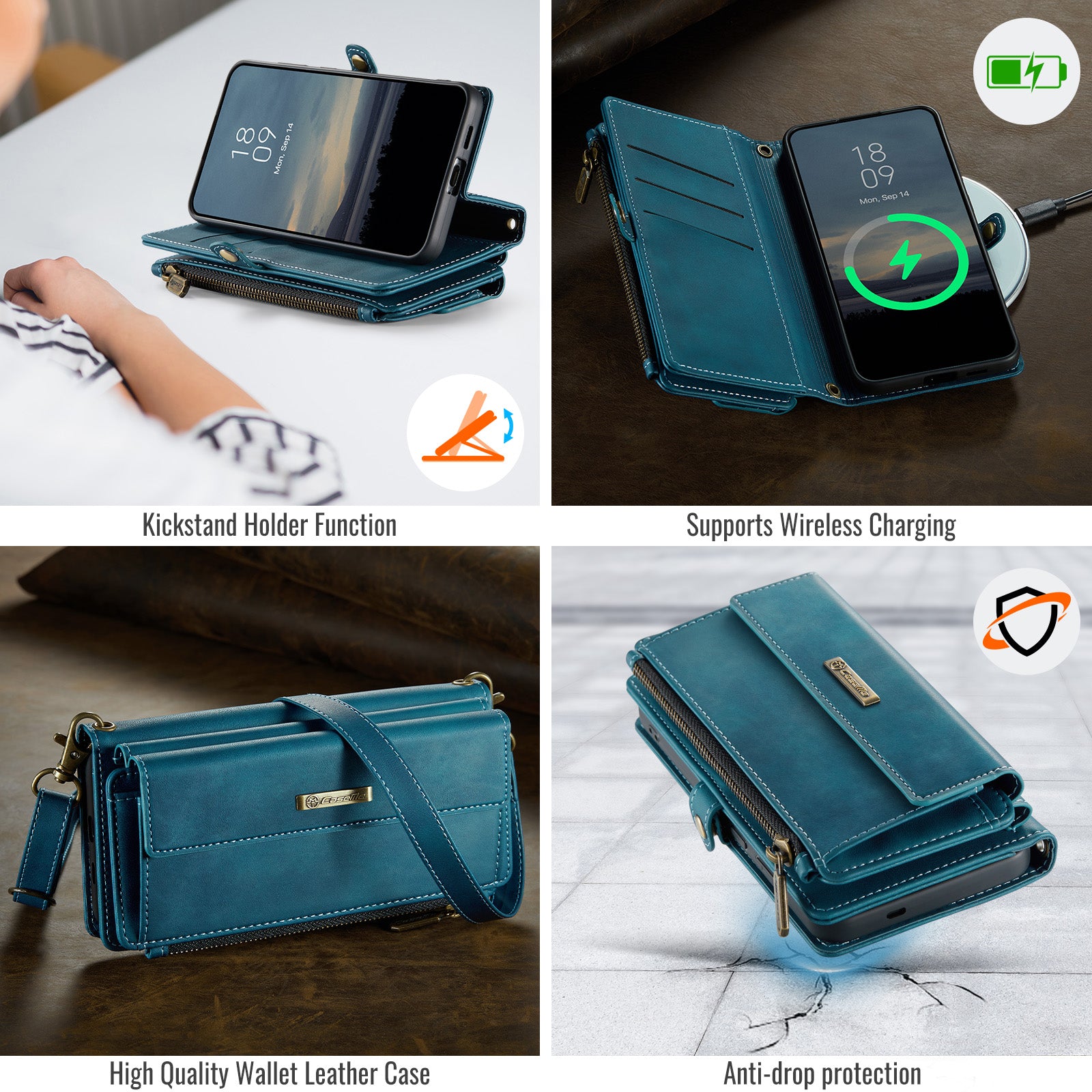 Samsung Galaxy S24 Crossbody Case with Strap, Card Slots & Zipper Pocket [Teal]