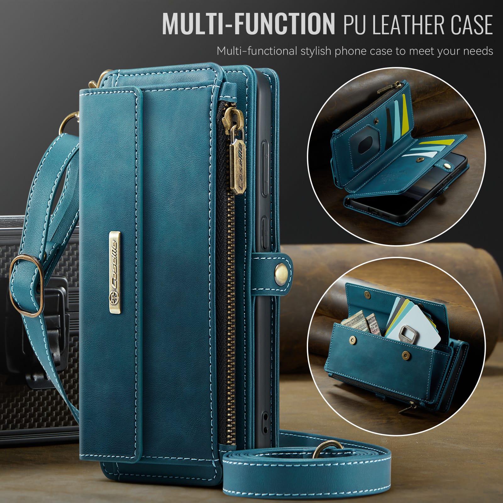 Samsung Galaxy S24 Crossbody Case with Strap, Card Slots & Zipper Pocket [Teal]