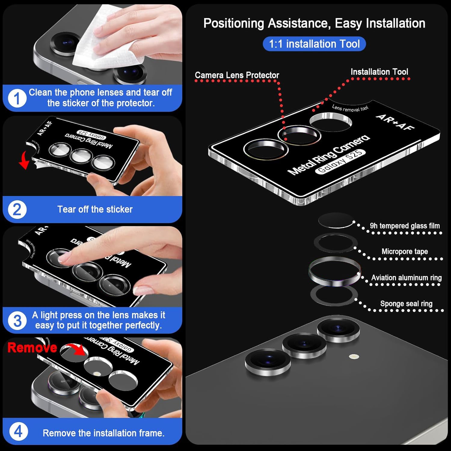 Samsung S25 Eagle Eye AR+AF Camera Lens Protector with Removal Tool [Black]