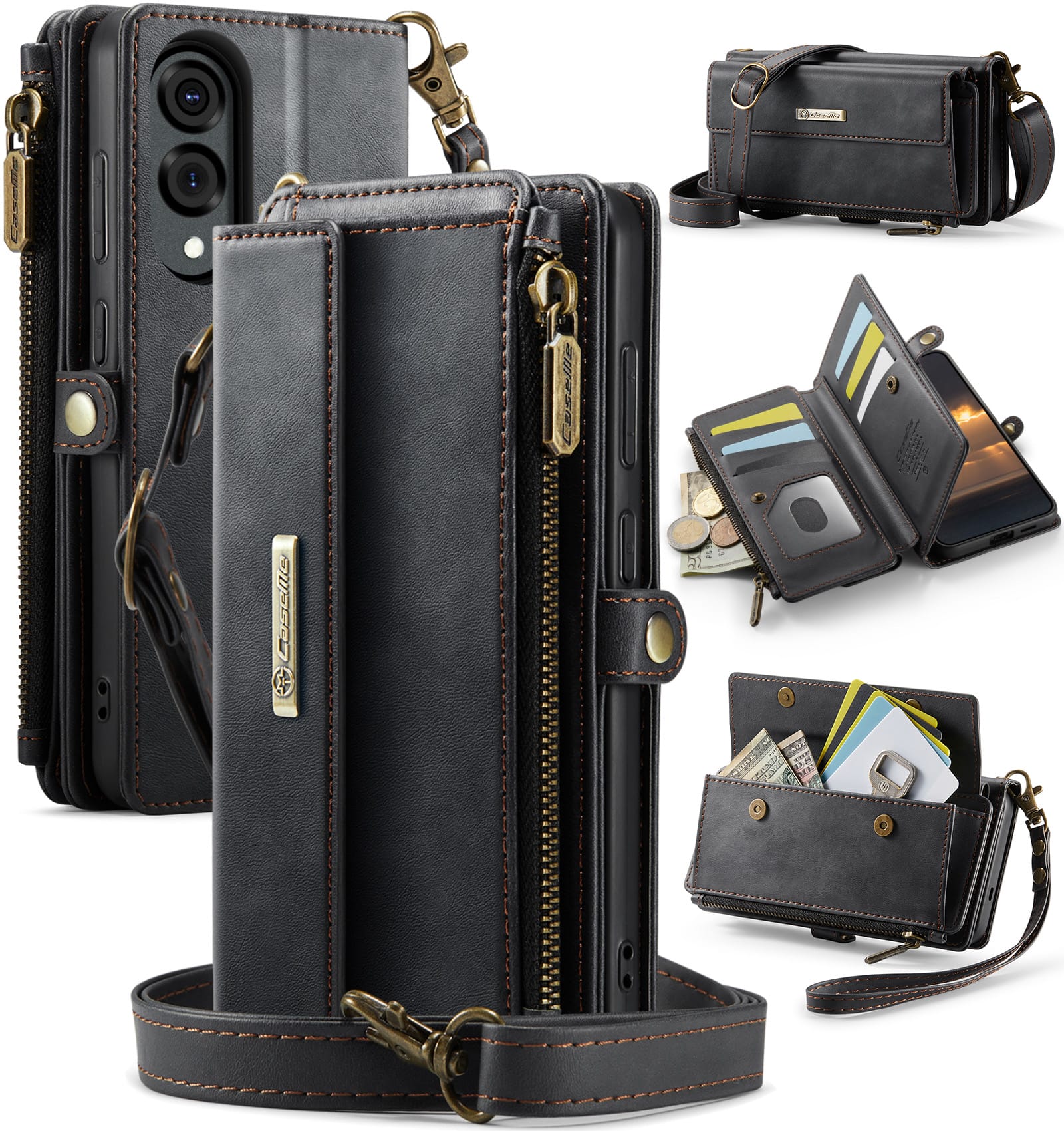 Samsung Galaxy S25 Edge Crossbody Case with Strap, Card Slots & Zipper Pocket [Black]