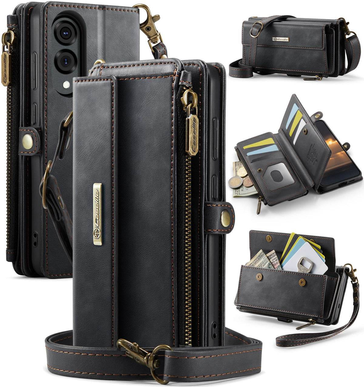 Samsung Galaxy S25 Edge Crossbody Case with Strap, Card Slots & Zipper Pocket [Black]