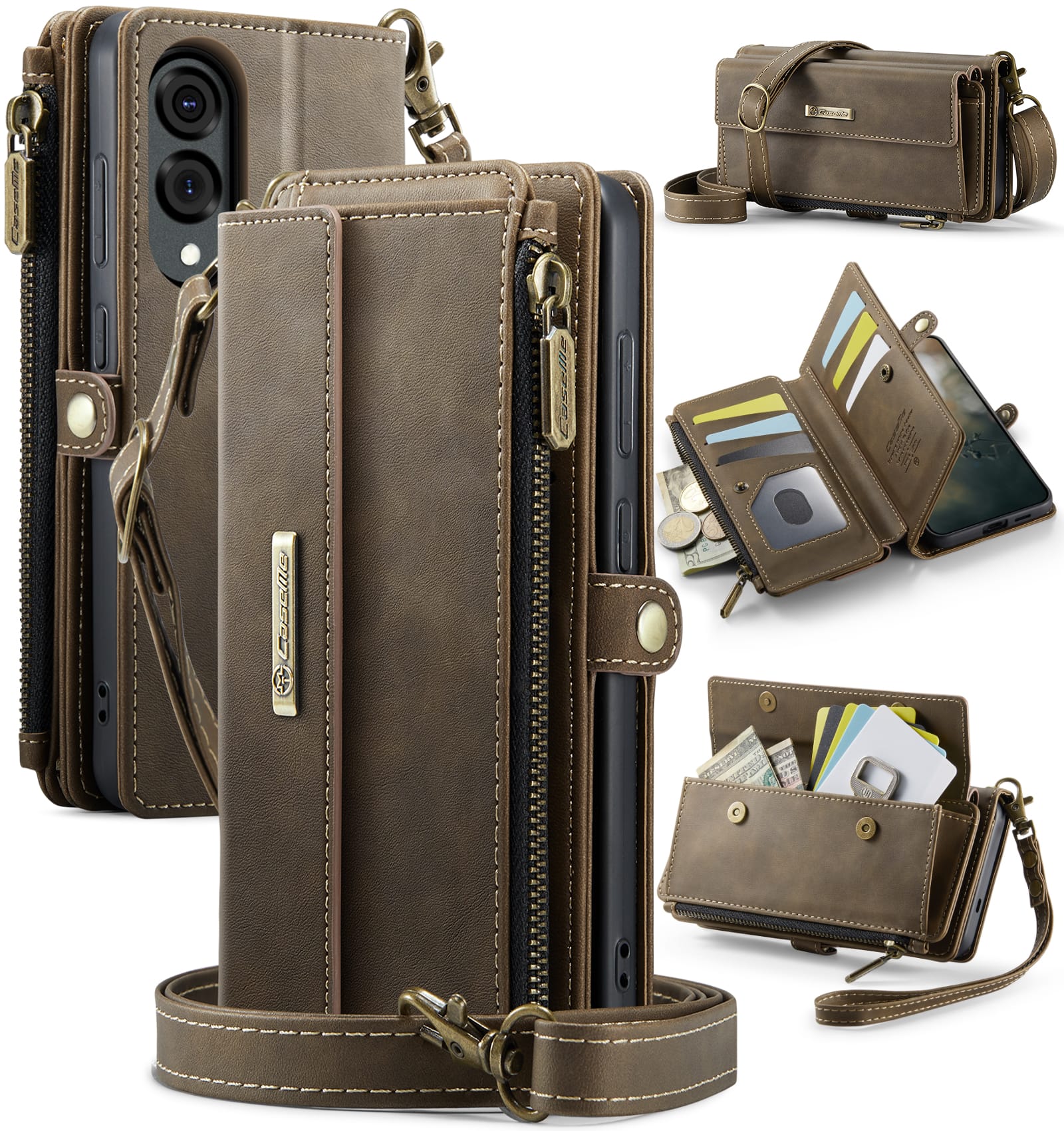 Samsung Galaxy S25 Edge Crossbody Case with Strap, Card Slots & Zipper Pocket [Coffee]
